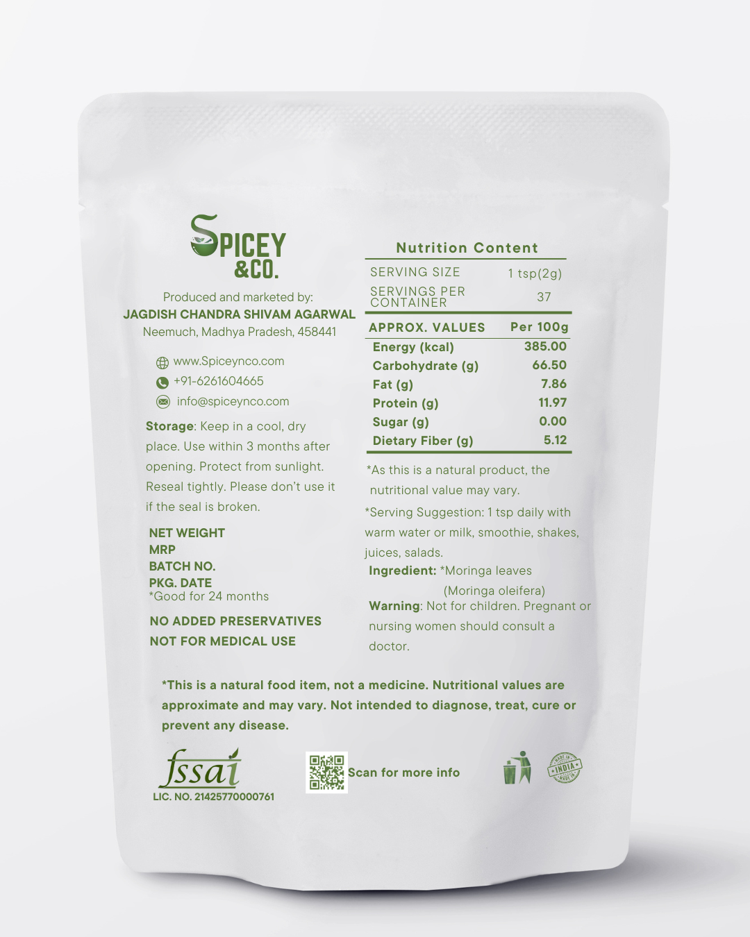 SpiceyNCo Organic Moringa Powder 75g – 100% Natural Moringa Oleifera Leaf | Immunity Booster, Energy & Vitality | Antioxidant Superfood for Skin & Hair