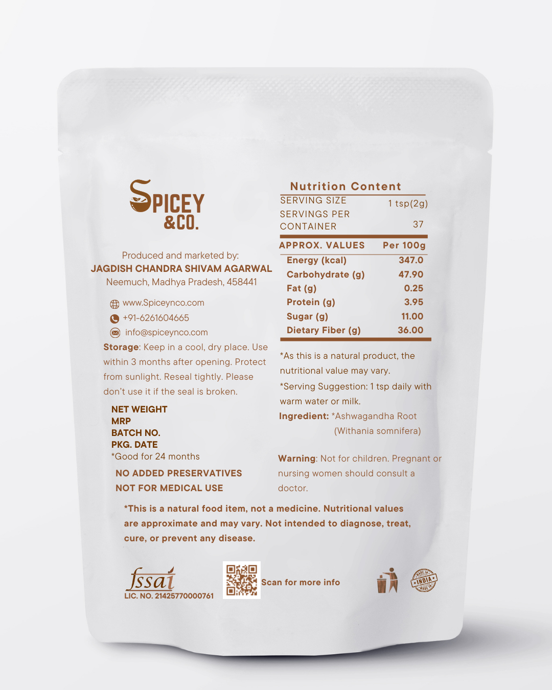 SpiceyNCo Ashwagandha Root Powder (75 Grams)| Pure | Natural| Helps Fight Anxiety & Stress| Better Sleep & Strength | Withania Somnifera/ Asvagandha Churna