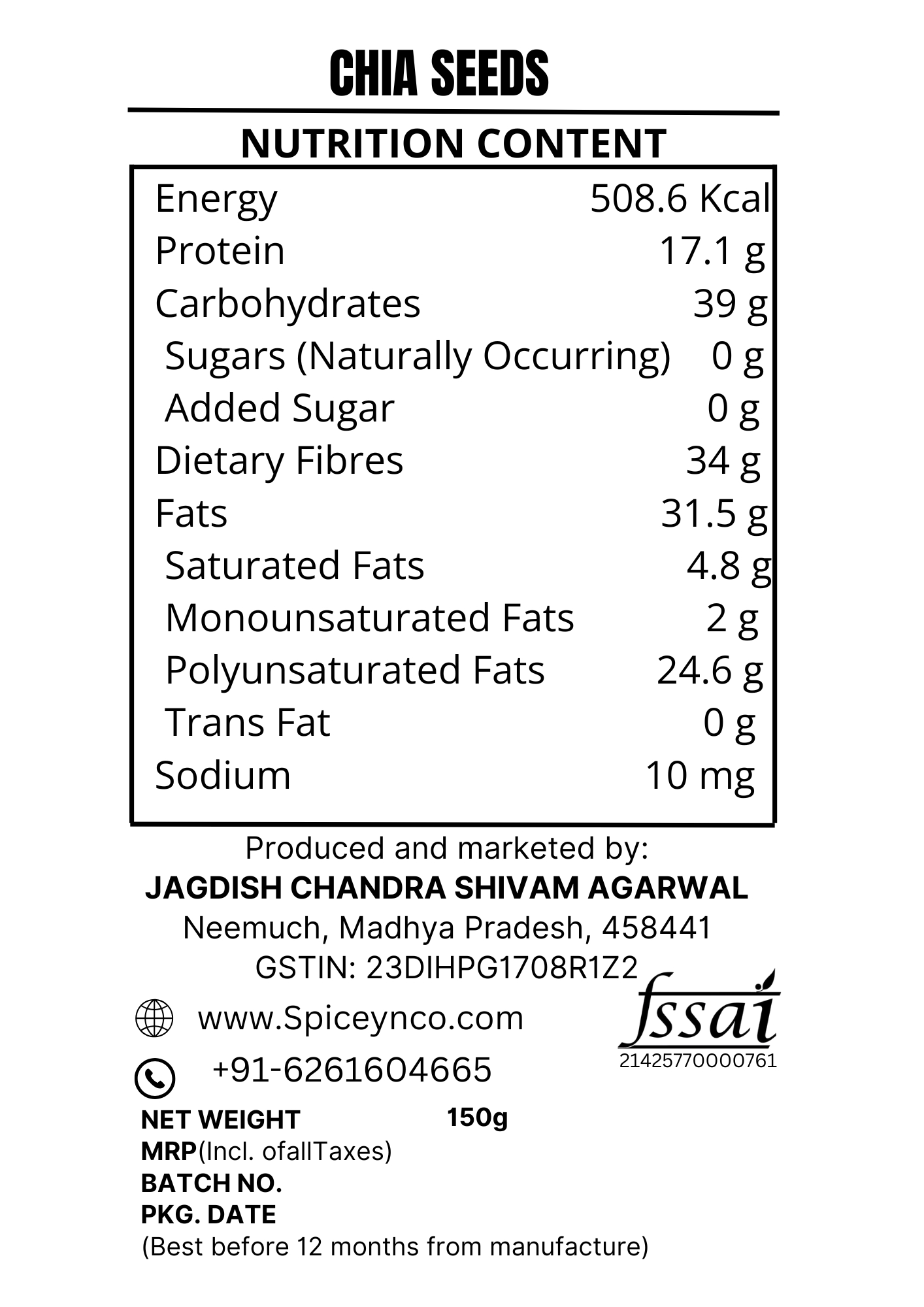 SpiceyNCo Premium Chia Seeds 150 g – 100% Raw & Unroasted Superfood | Rich in Omega-3, Protein & Fiber | Supports Digestion, Weight-Management & Energy