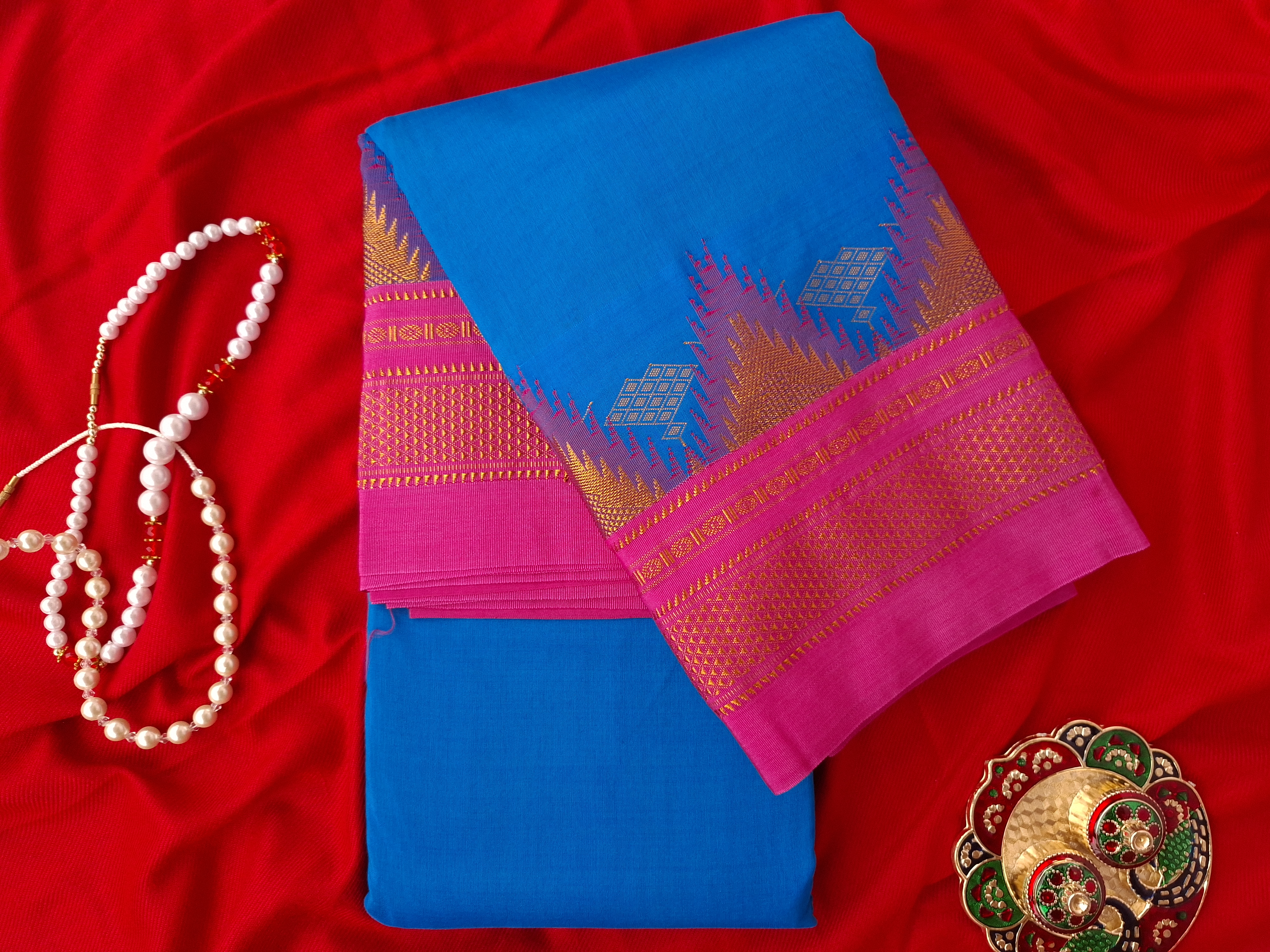 Traditional red and blue silk Saree(PSBP-57)