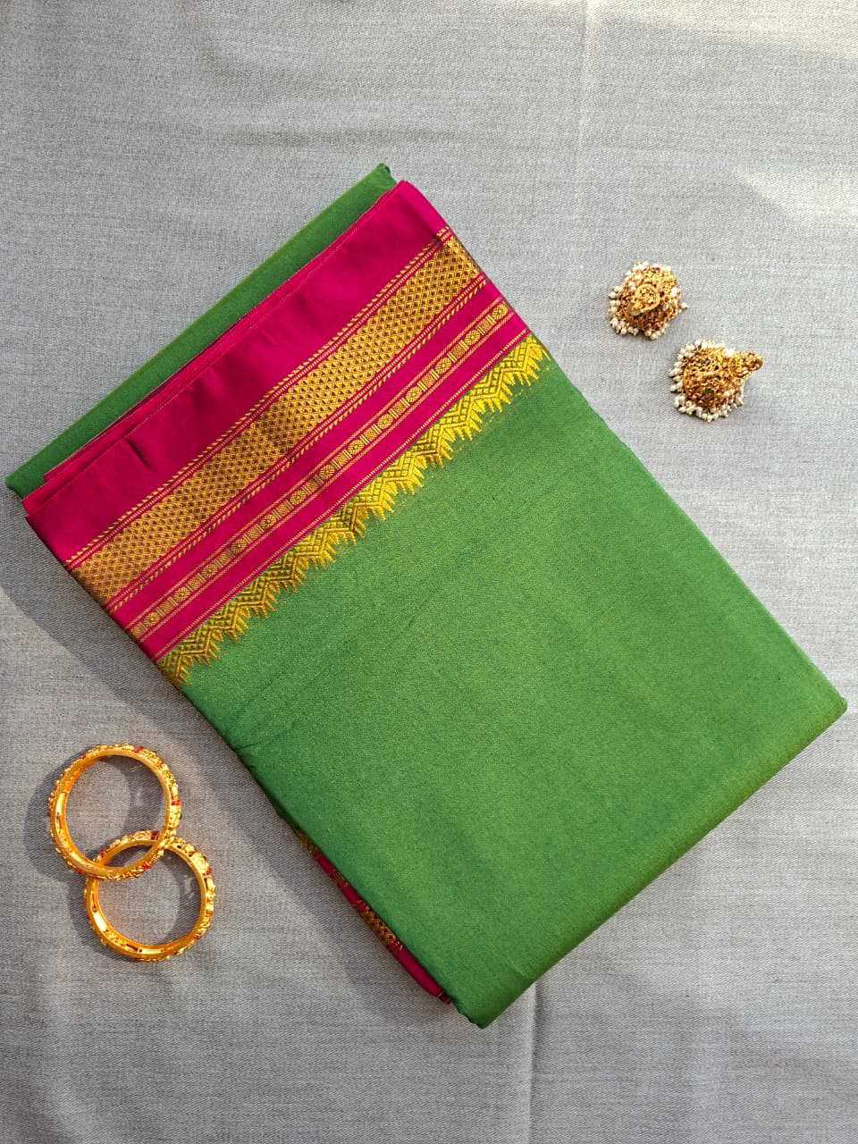 Plain cotton Green and Pink Silk Saree(PCGLY-36)