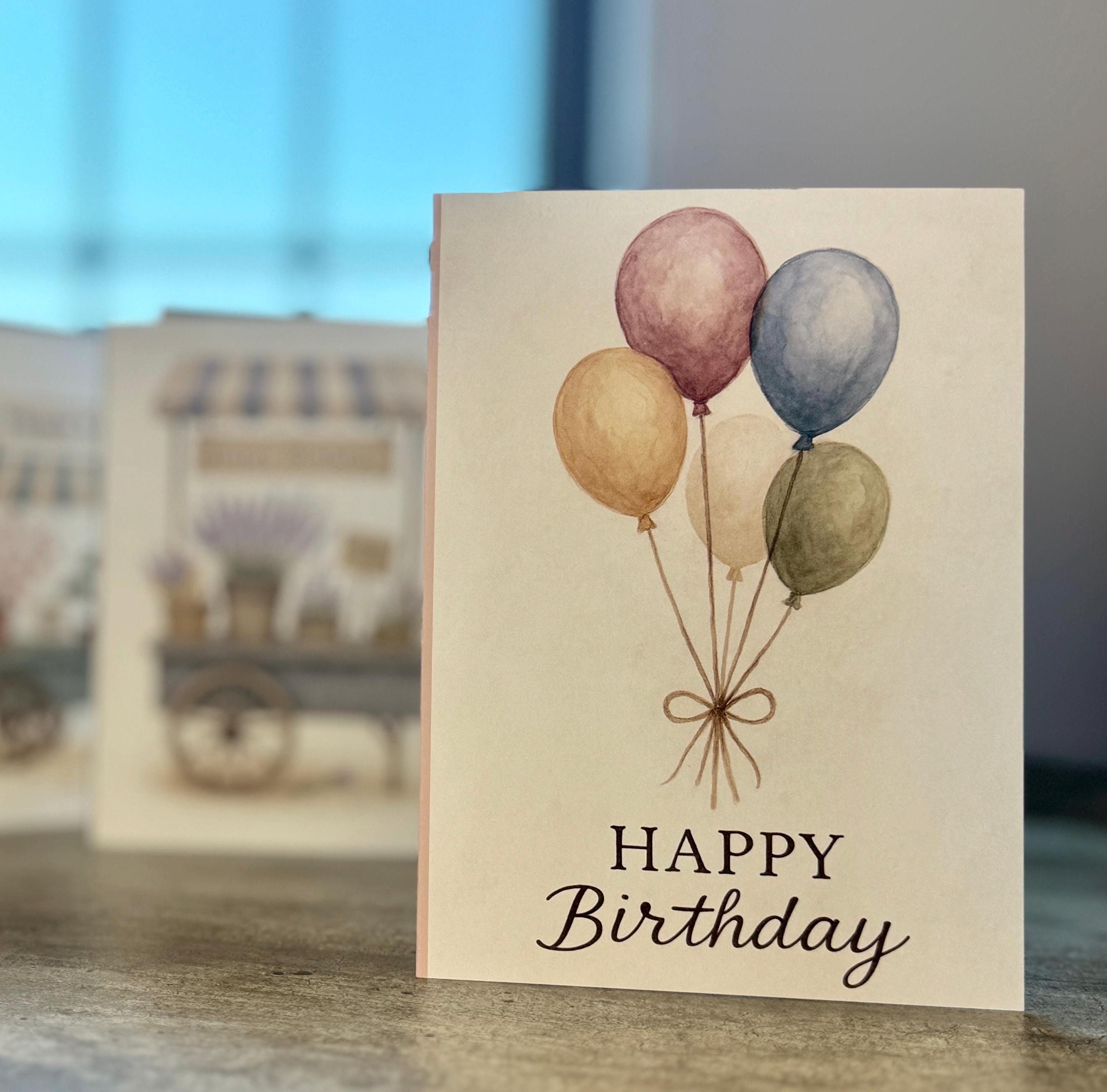 Vintage Watercolor Birthday Card: Pastel Balloons, Archival Fine Art