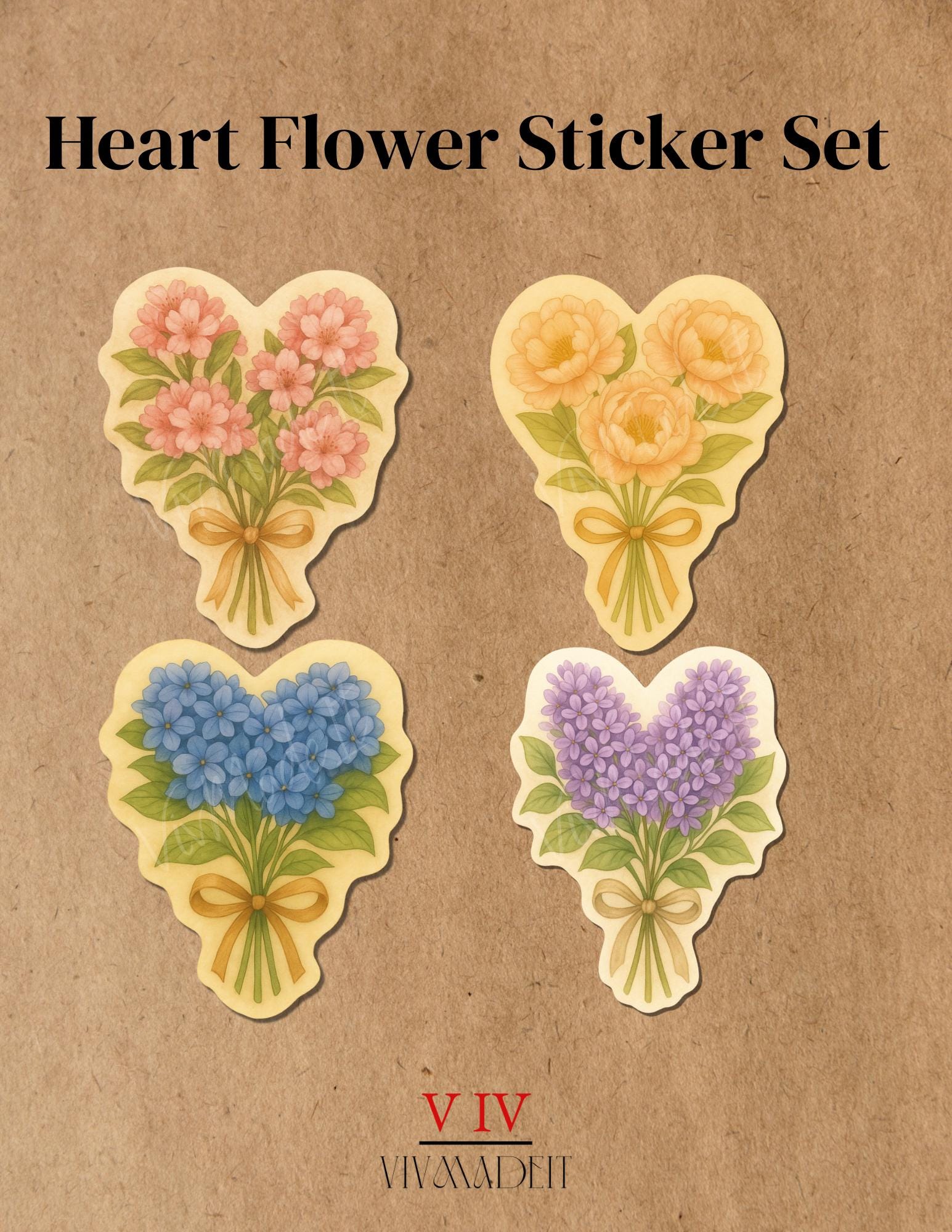 Watercolor Floral Heart Stickers: Vintage Bouquet Set of 4