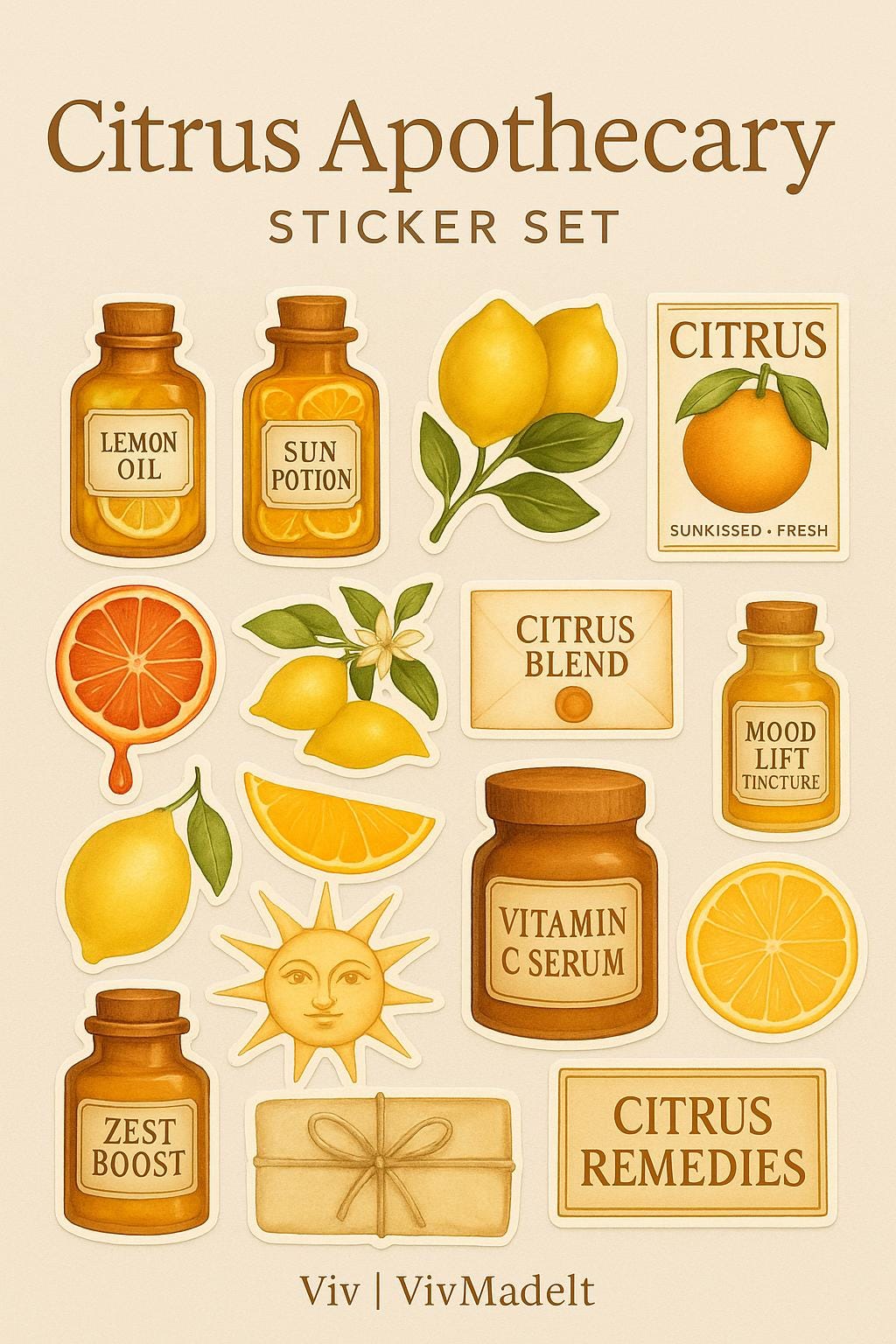 Citrus Apothecary Sticker Set: Vintage Lemon & Orange Stickers