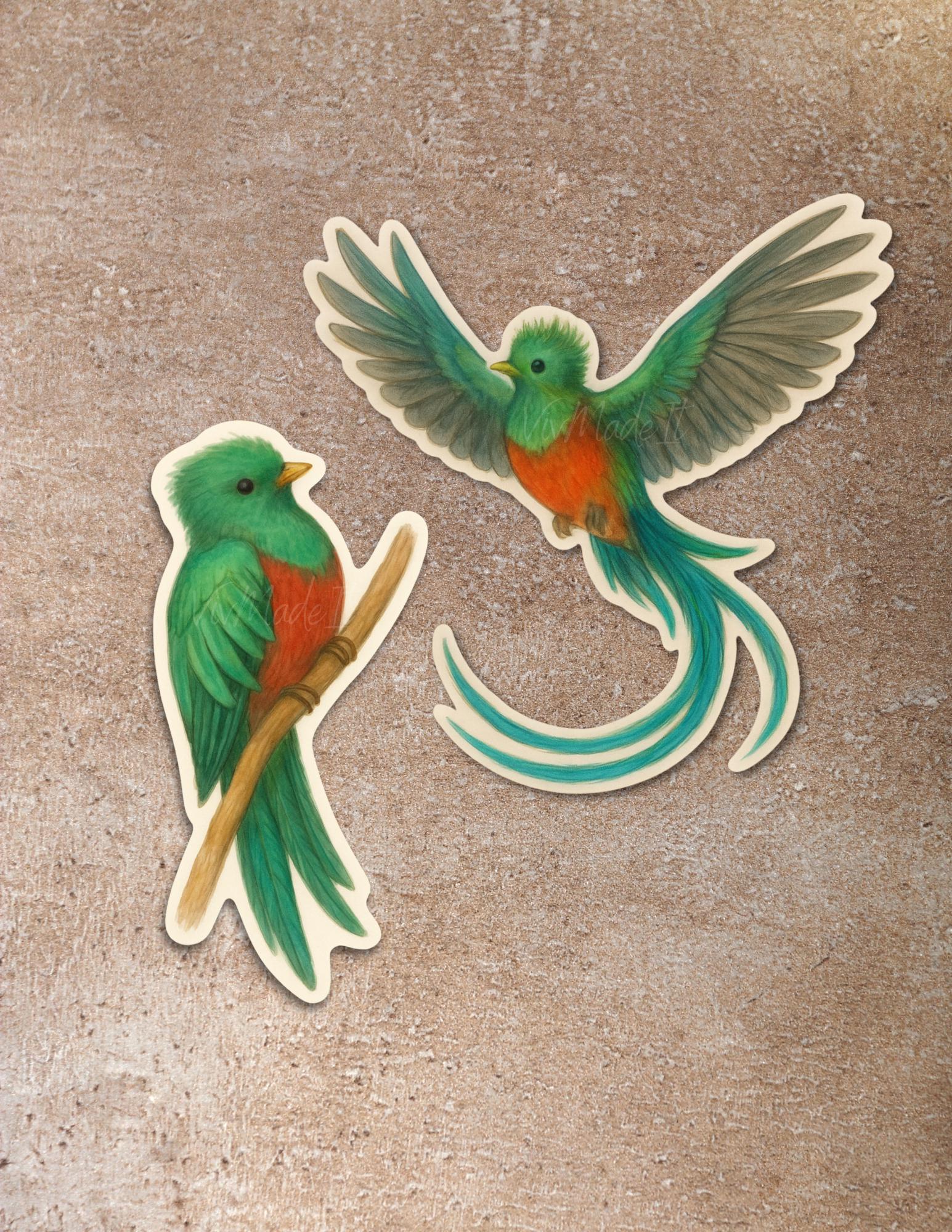 Resplendent Quetzal Sticker Set – 2-Piece Tropical Bird Stickers | Flying & Perched – 5” Large Die-Cut Vinyl | Jungle Bird Art Stickers