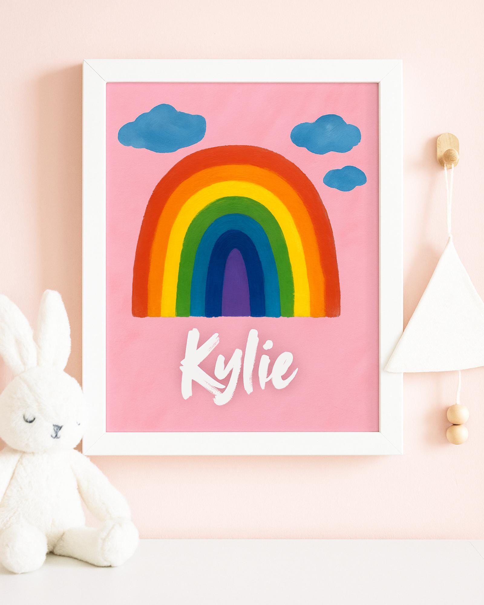 Custom Name Rainbow Nursery Print – Personalized Baby Room Art – 8x10 Framed Wall Decor