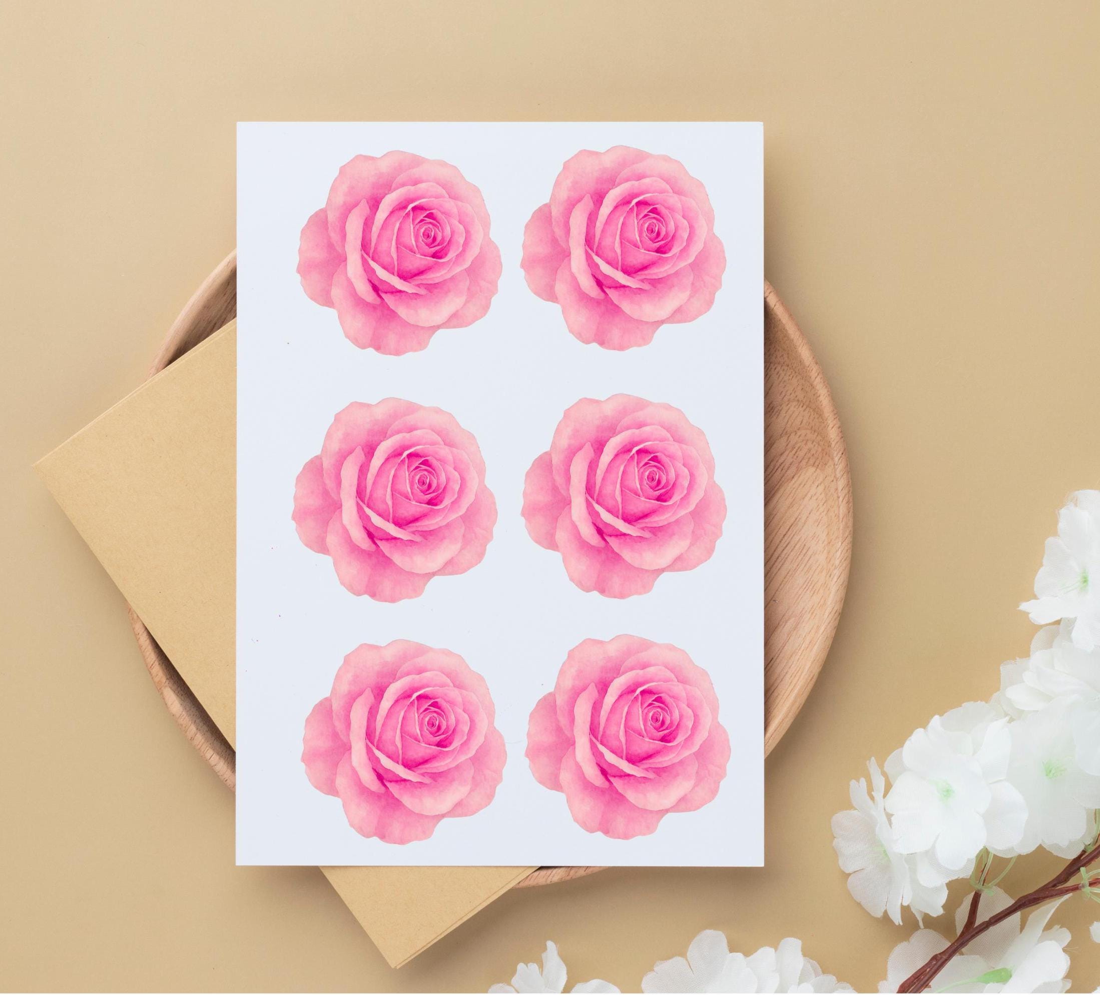 2” Pink Rose Stickers – Realistic Watercolor Floral Sheet