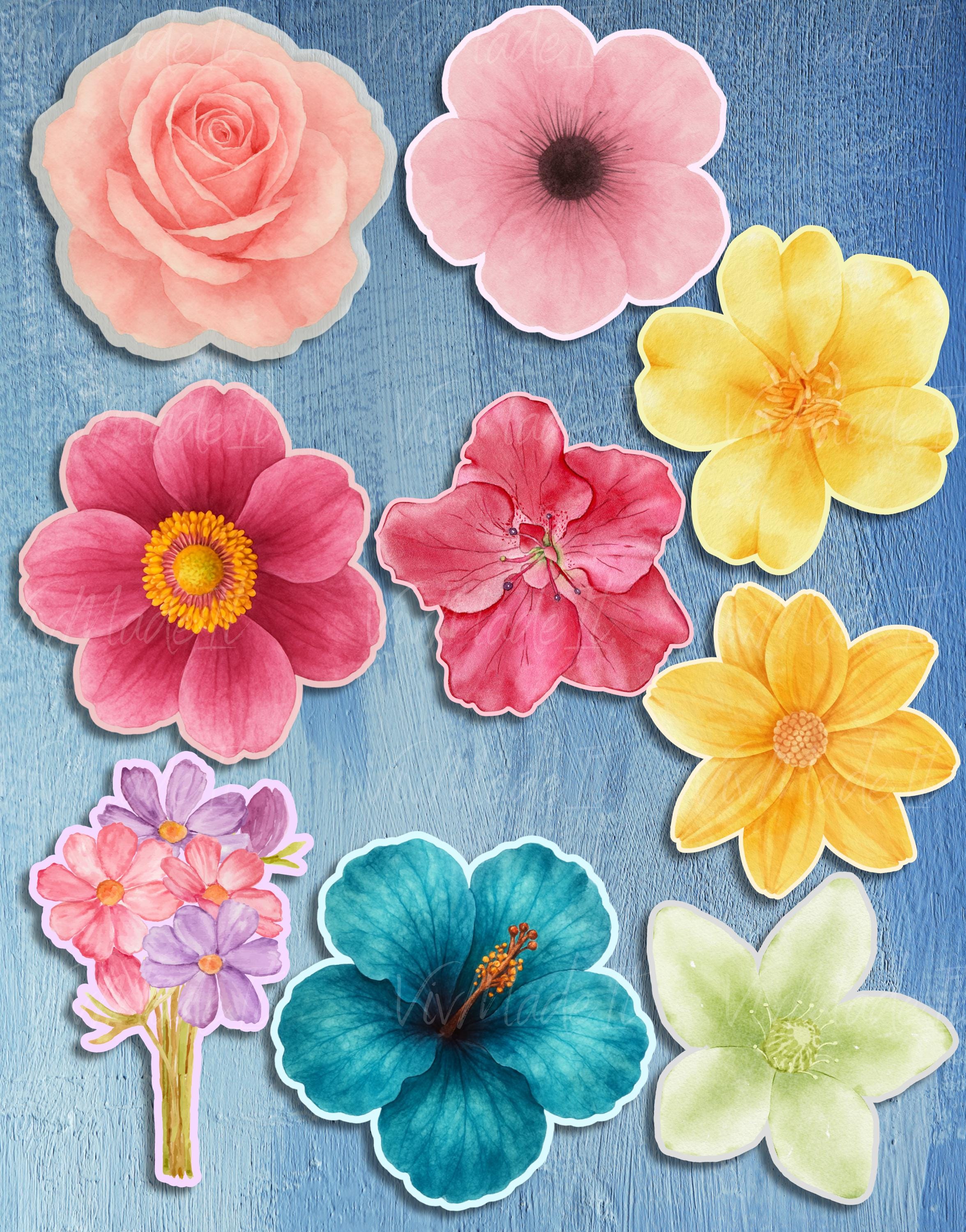 9 Watercolor Die Cut Flower Stickers (3–4”)
