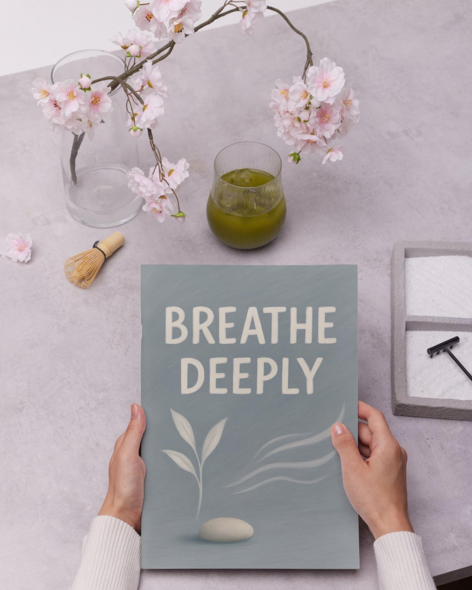 Minimalist Meditation Art Print: Calming Stone, Cream & Gray-Blue 8x10