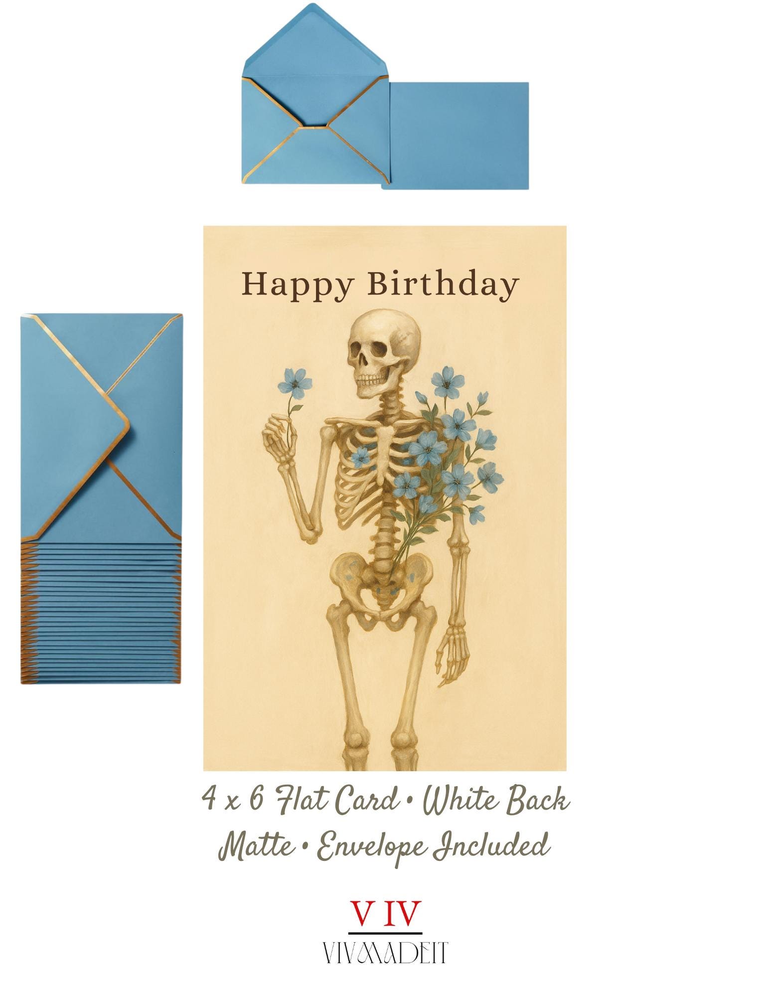 Funny Skeleton Birthday Card: Blue Floral Bones Art