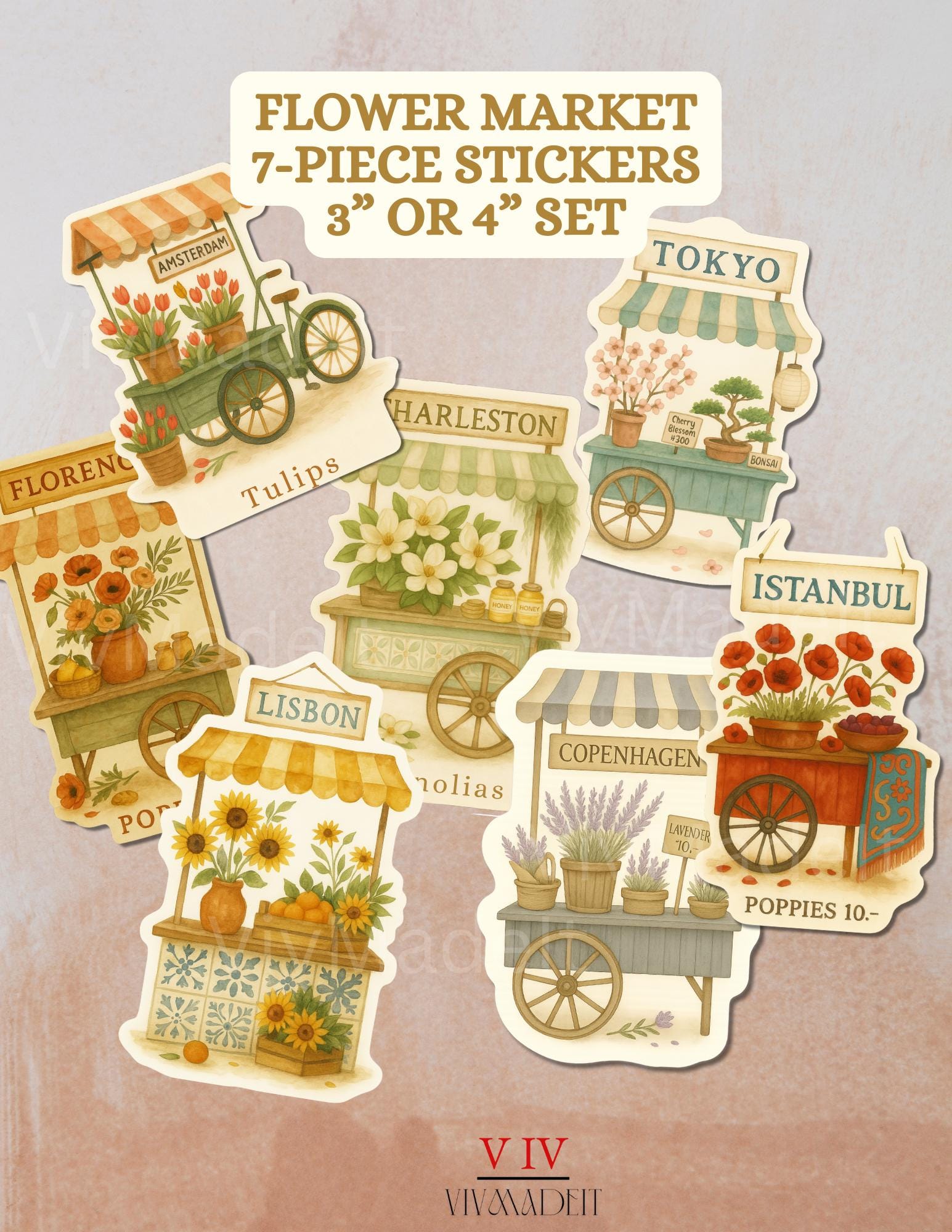 Watercolor Flower Market Sticker Set: Vintage Botanical Carts - 7 Piece
