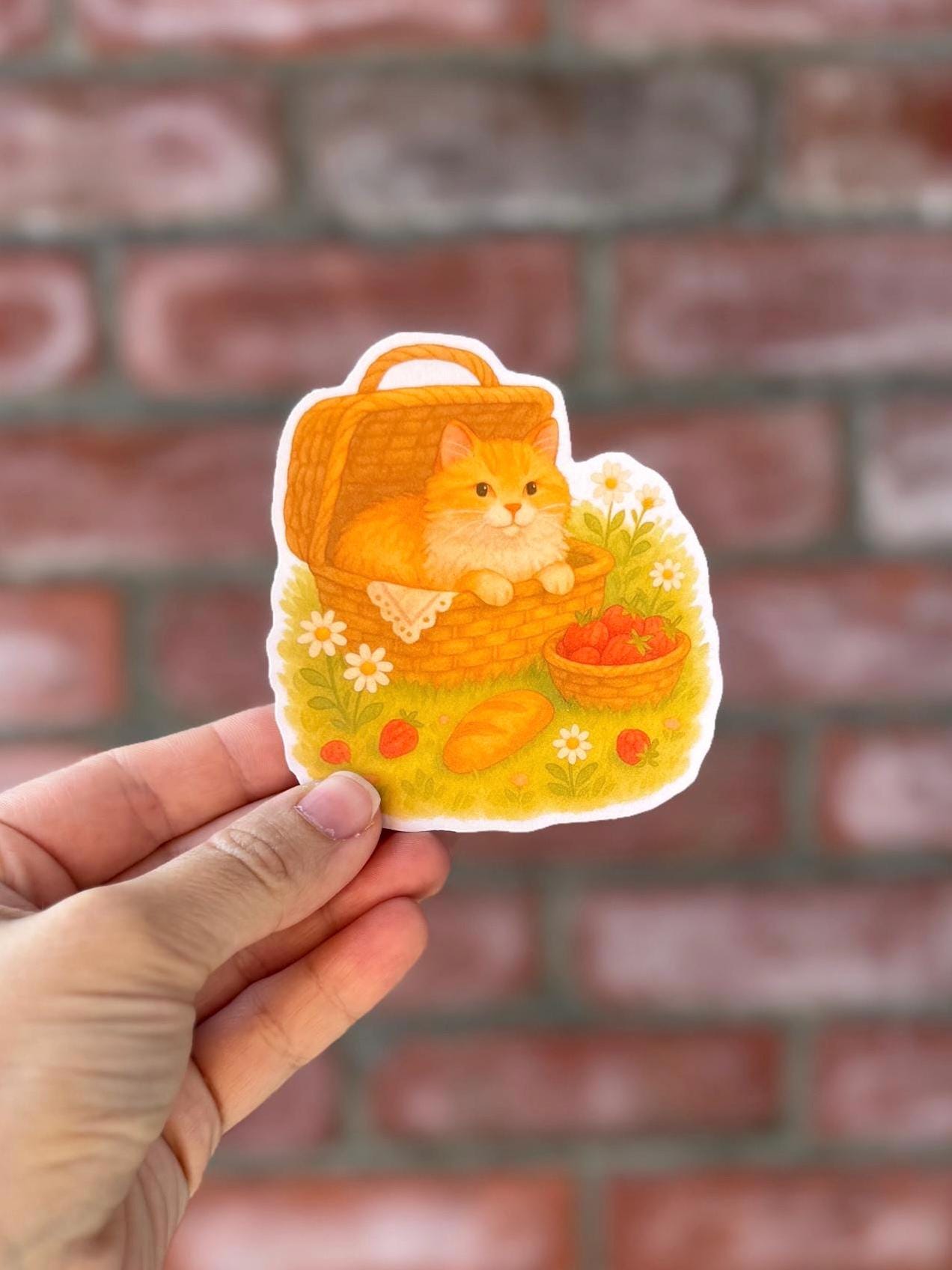 Cottagecore Cat Sticker: Picnic Basket, Matte or Glossy Finish (3.6 x 4)