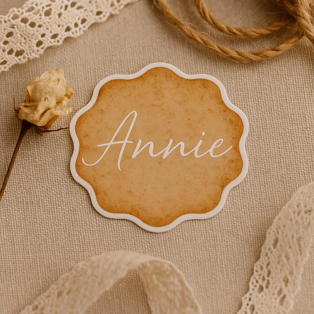 Custom Name Sticker: Scalloped Parchment Label, Wedding Favor Tag