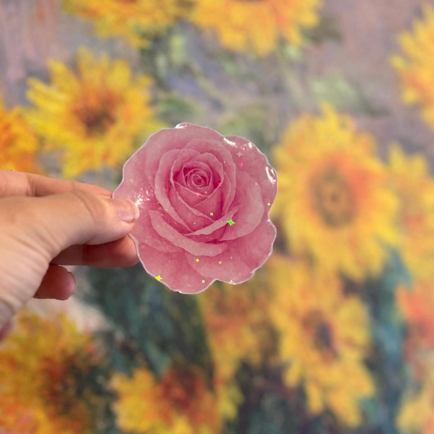 Holographic Pink Rose Sticker – 3x3 Waterproof, Laptop & Journal Sticker, Cute Floral Aesthetic, Garden Lover Gift, Rose Sticker