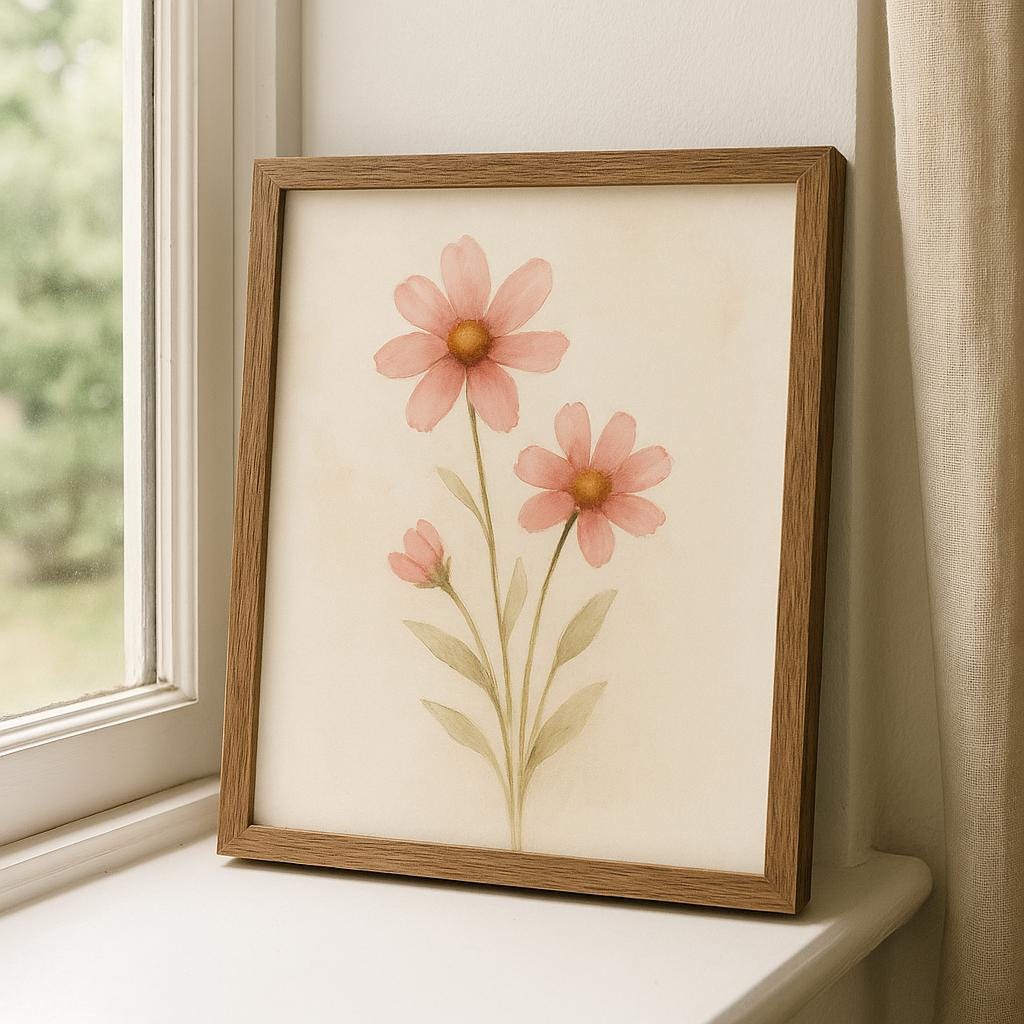 Framed Pink Cosmos Watercolor Print: Botanical Wall Art (8x10)