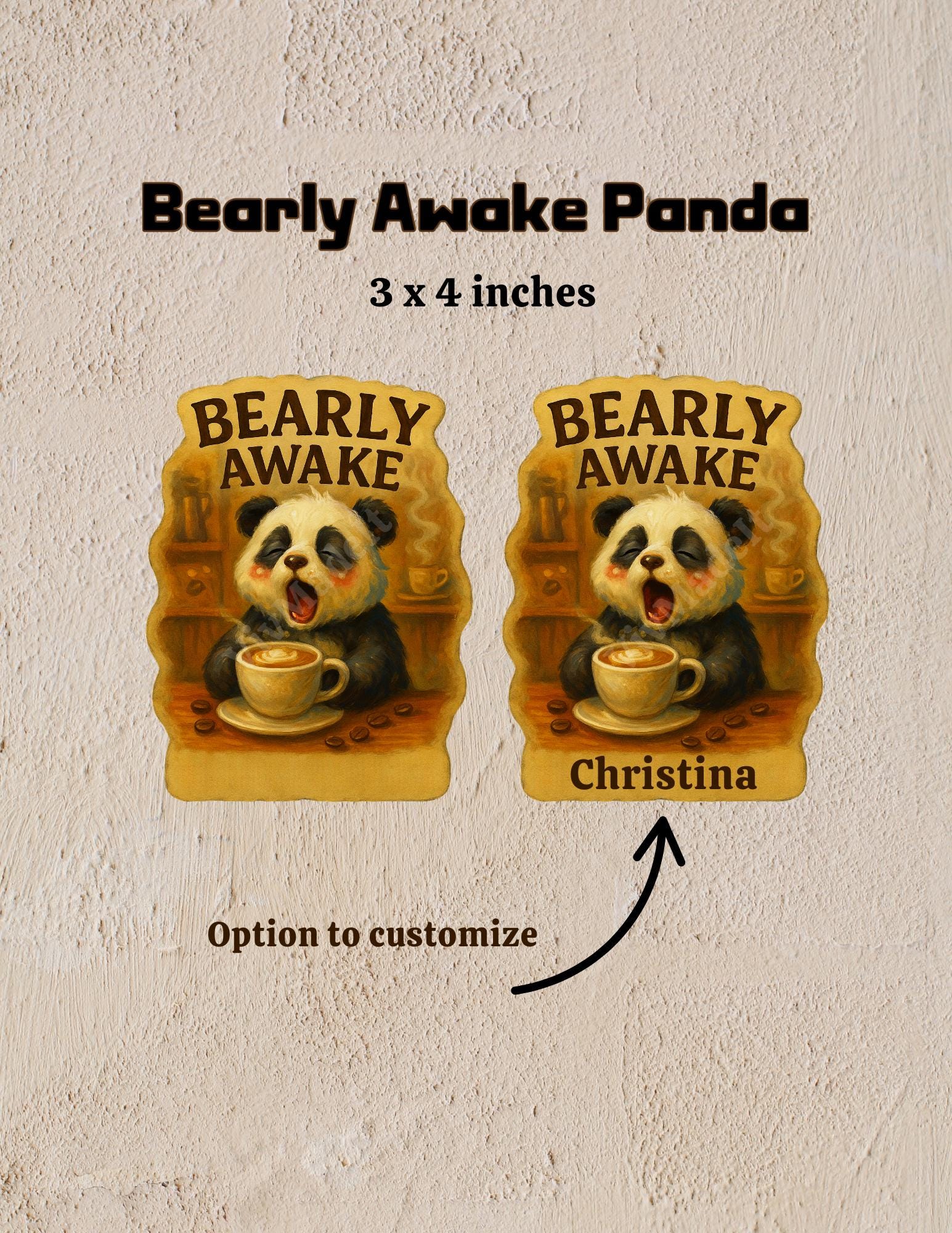 Personalized Sleepy Panda Coffee Lover Sticker: Custom Name, Waterproof Vinyl