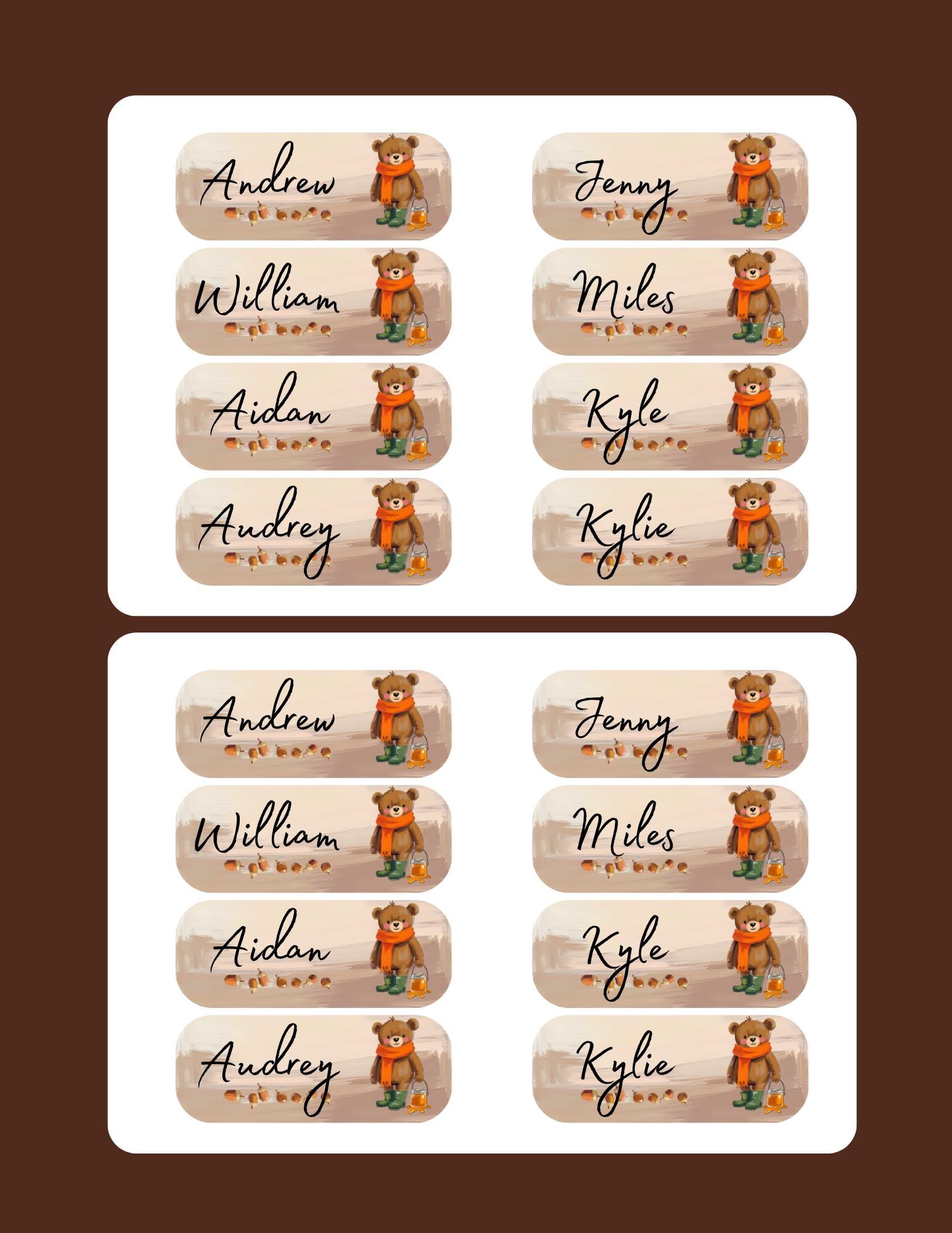 Personalized Bear Name Labels: Waterproof Fall Stickers for Kids (Set of 16)
