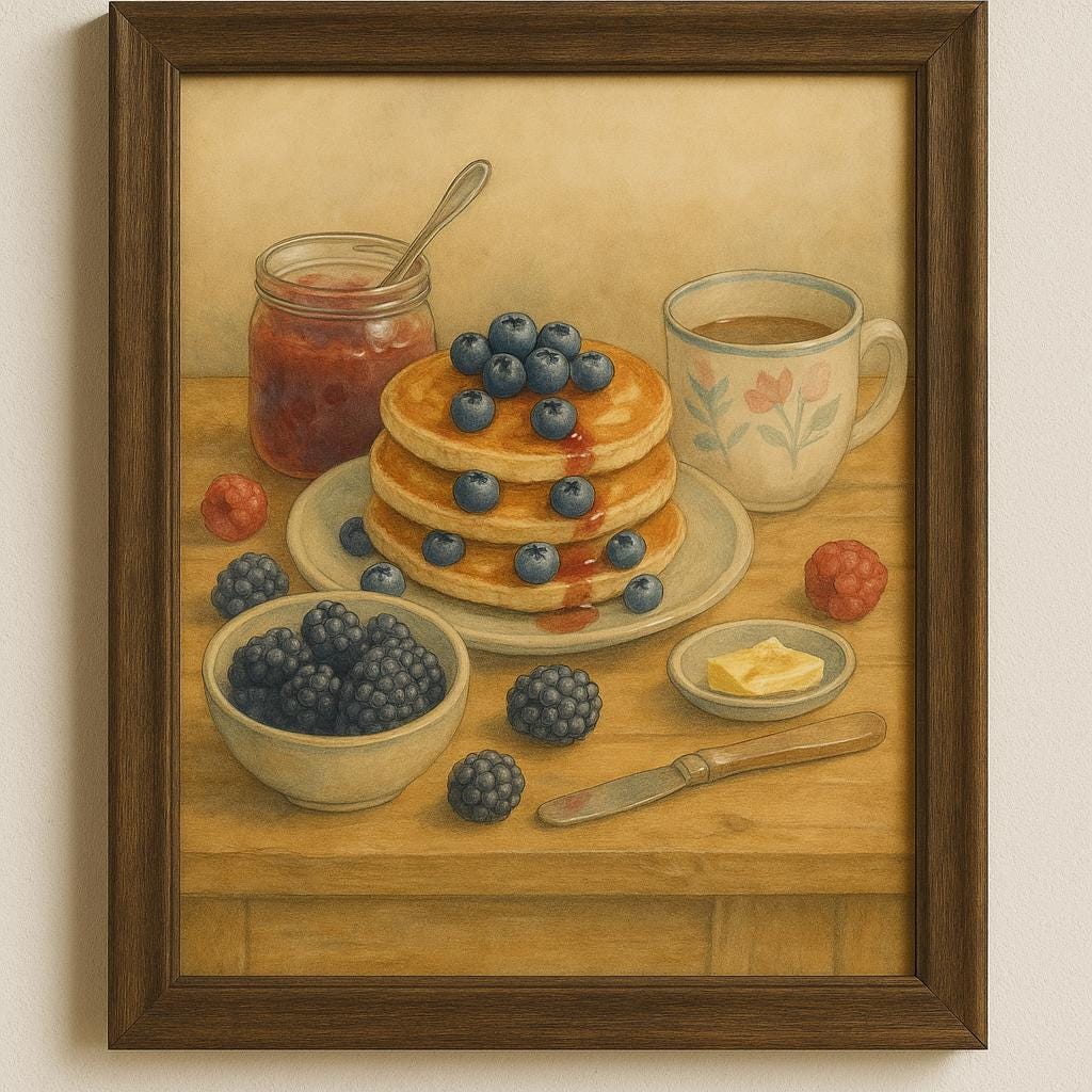 Farmhouse Breakfast Art Print: Pancakes, Berries, Coffee (8 x 10)