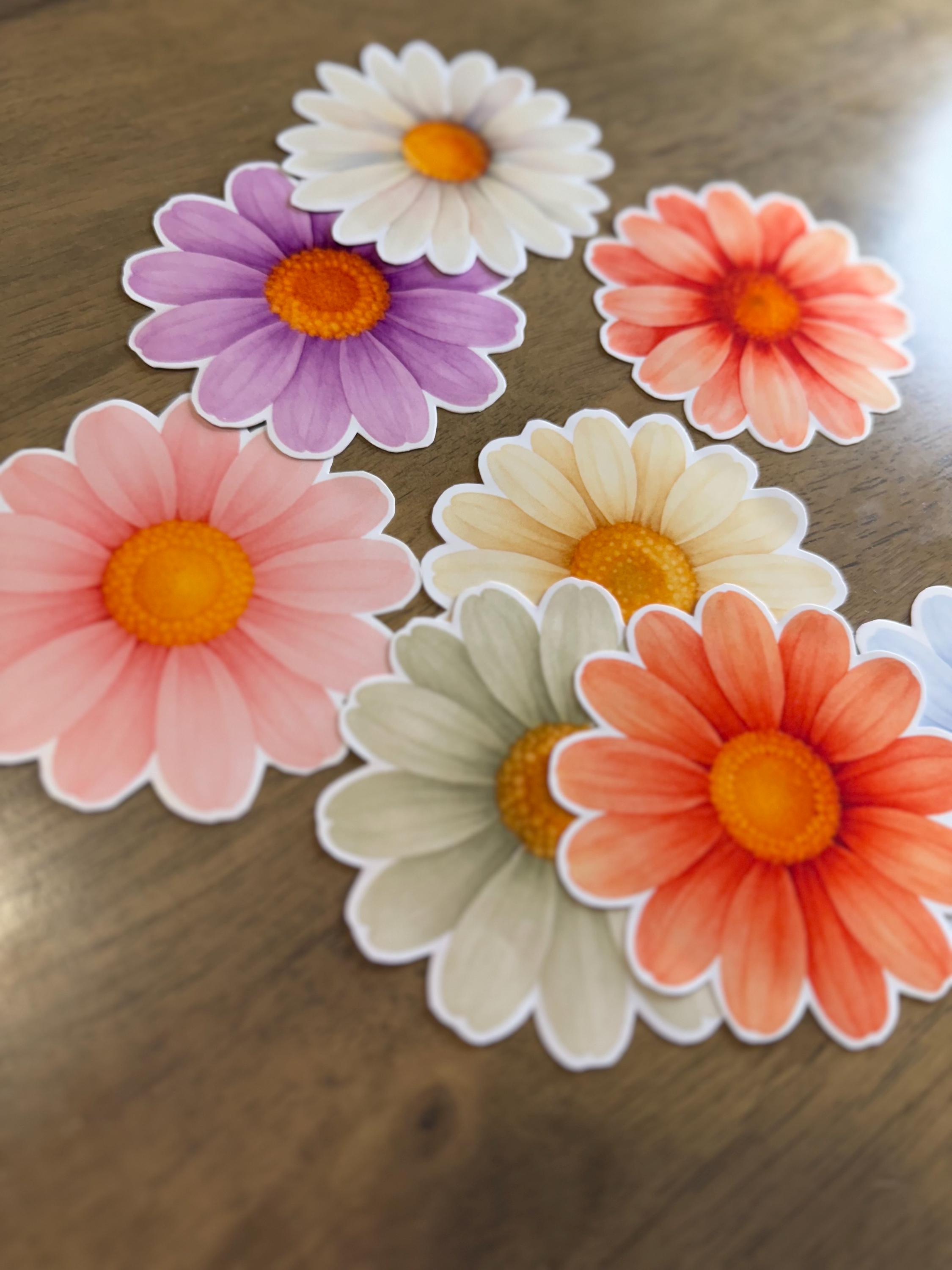 Watercolor Daisy Sticker Collection: Rainbow Florals, Scrapbooking Stickers