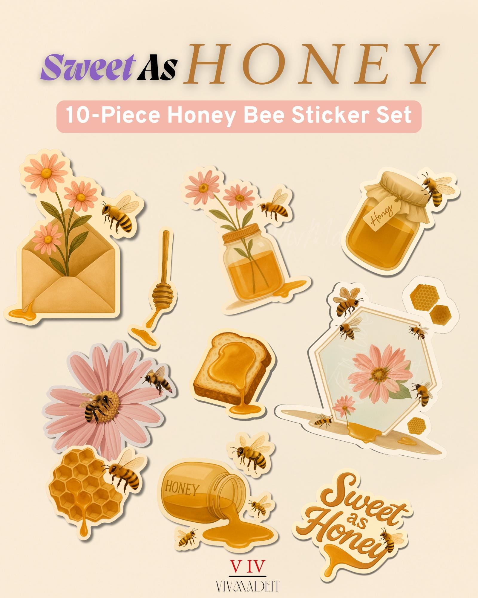 Honey Bee Sticker Pack: Cottagecore Floral Waterproof Vinyl Stickers