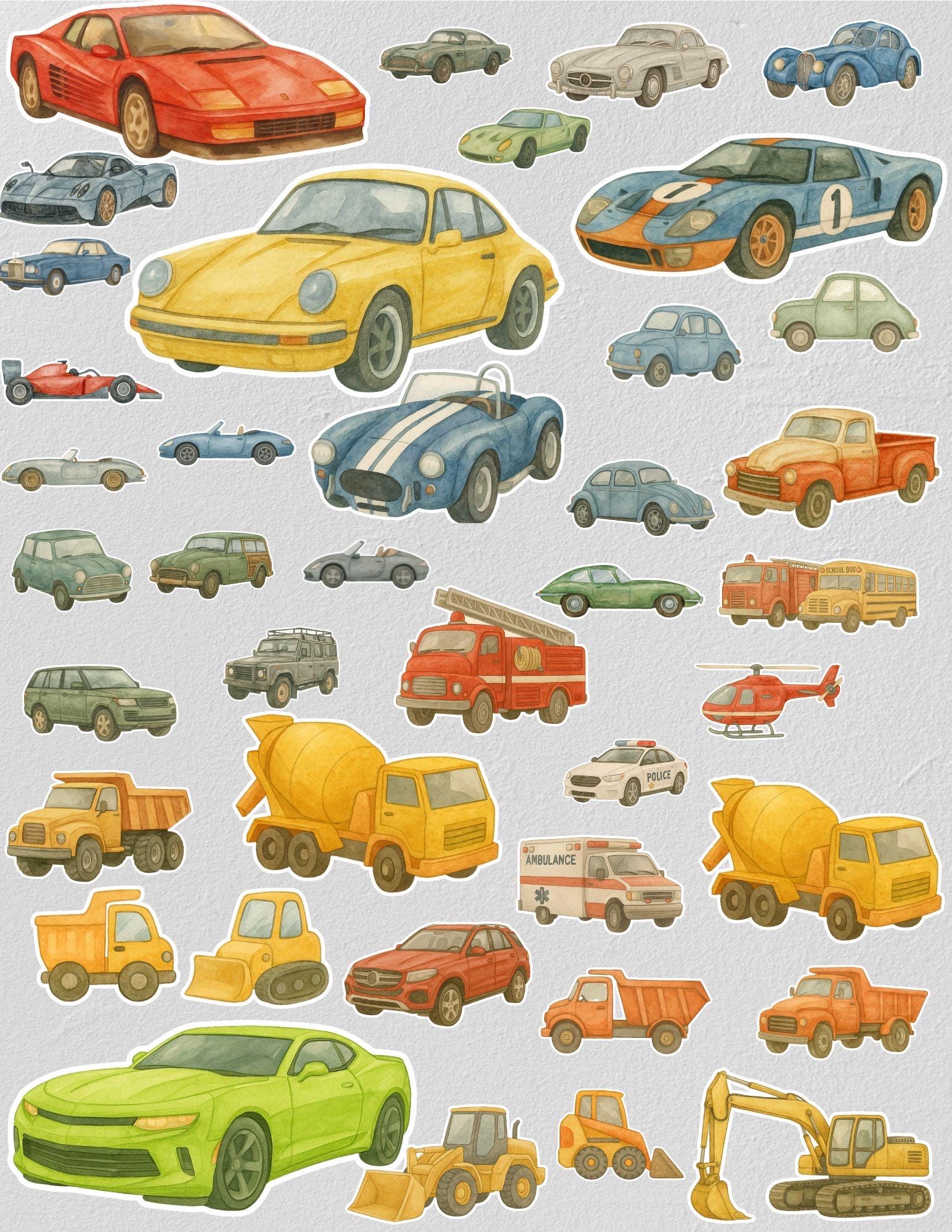40-Piece Watercolor Vehicle Wall Decals – Cars, Trucks, Emergency & Construction Stickers for Boys Room, Kids Playroom, Nursery Wall Decor