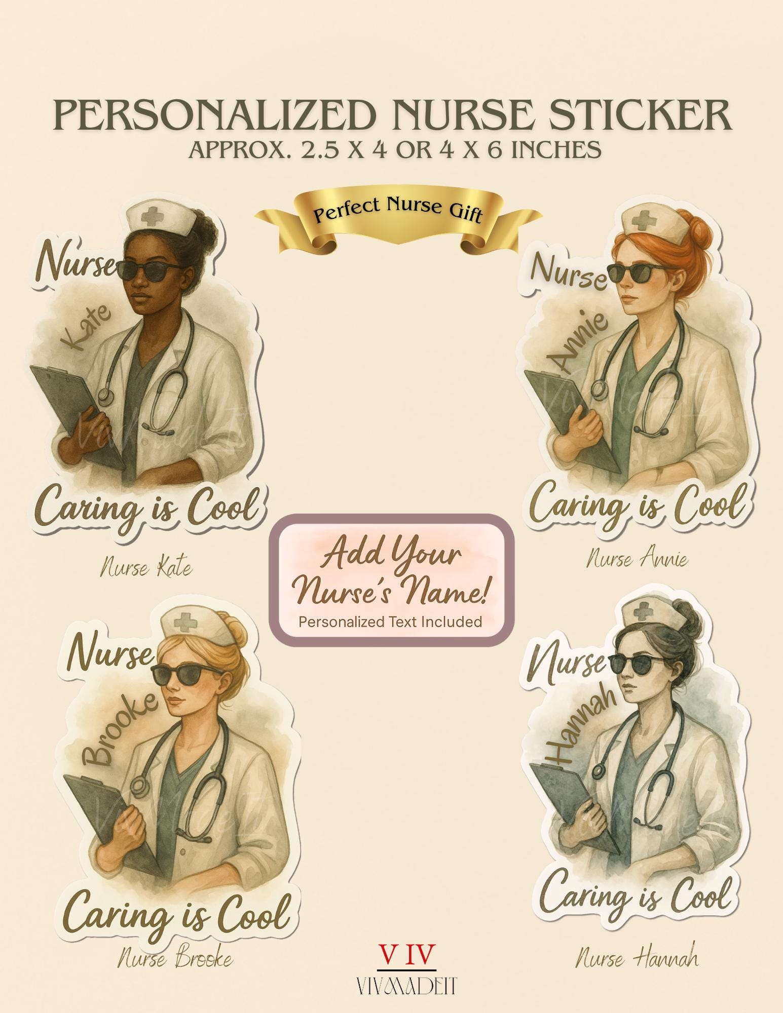 Personalized Nurse Sticker – Add Name Option – Caring is Cool Gift for RN, LPN, Nurse Graduate – Choose Size & Finish, Nurse Laptop Sticker