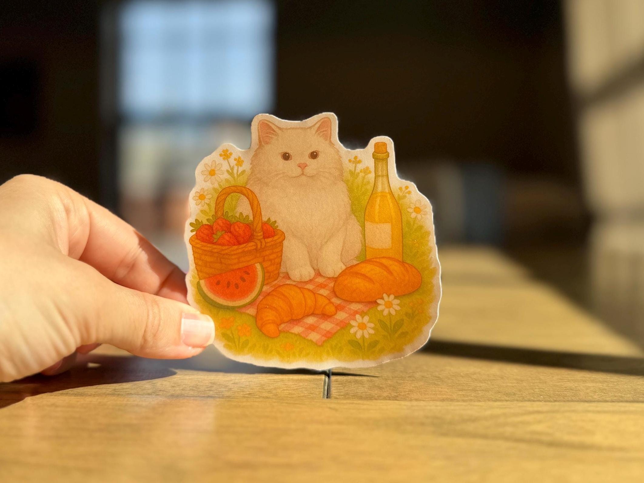 Cottagecore Cat Picnic Sticker: Fluffy White Cat, Matte Finish
