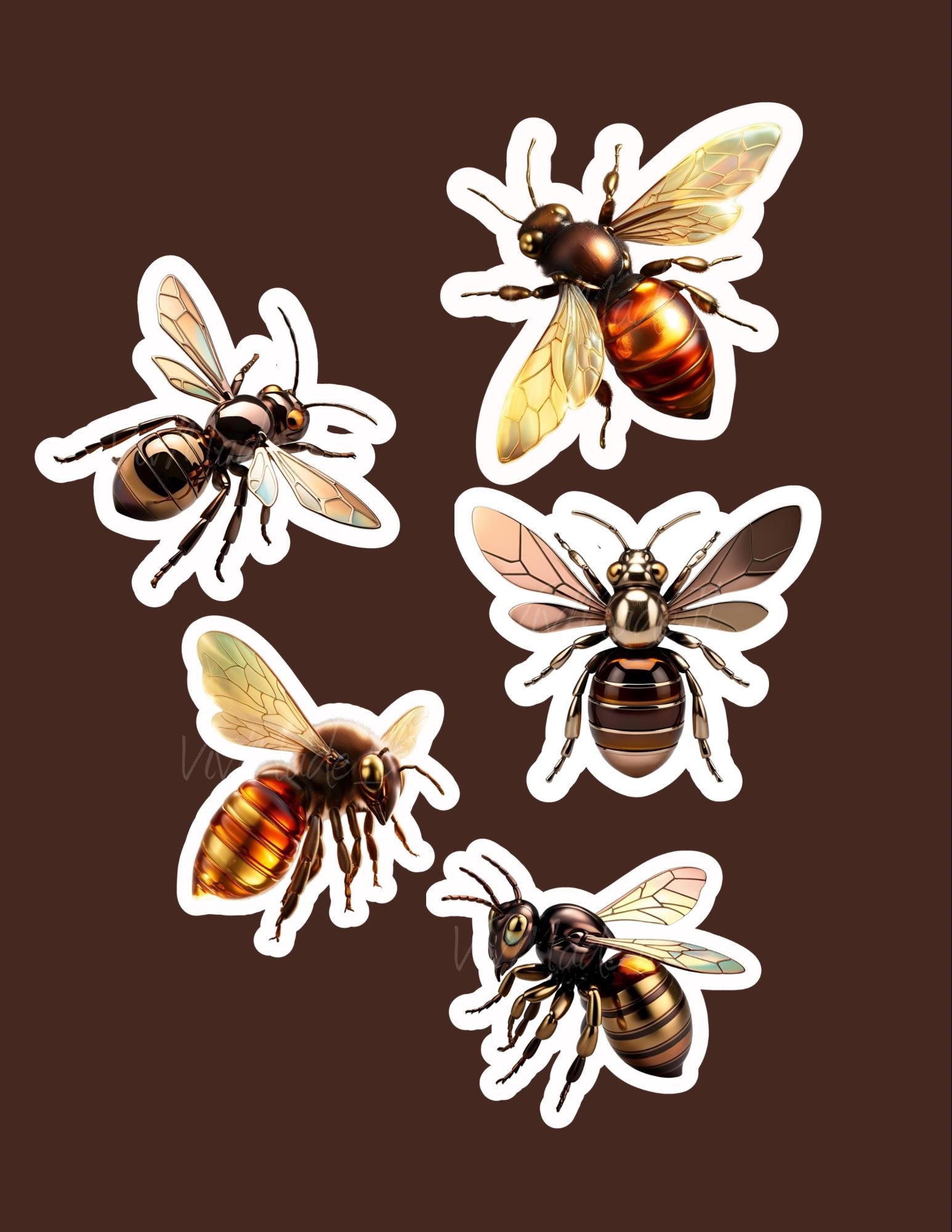 Holographic Honeybee Sticker Pack – 5-Pack Metallic Cyber Bees (3”) – Waterproof + Holographic Finish Options