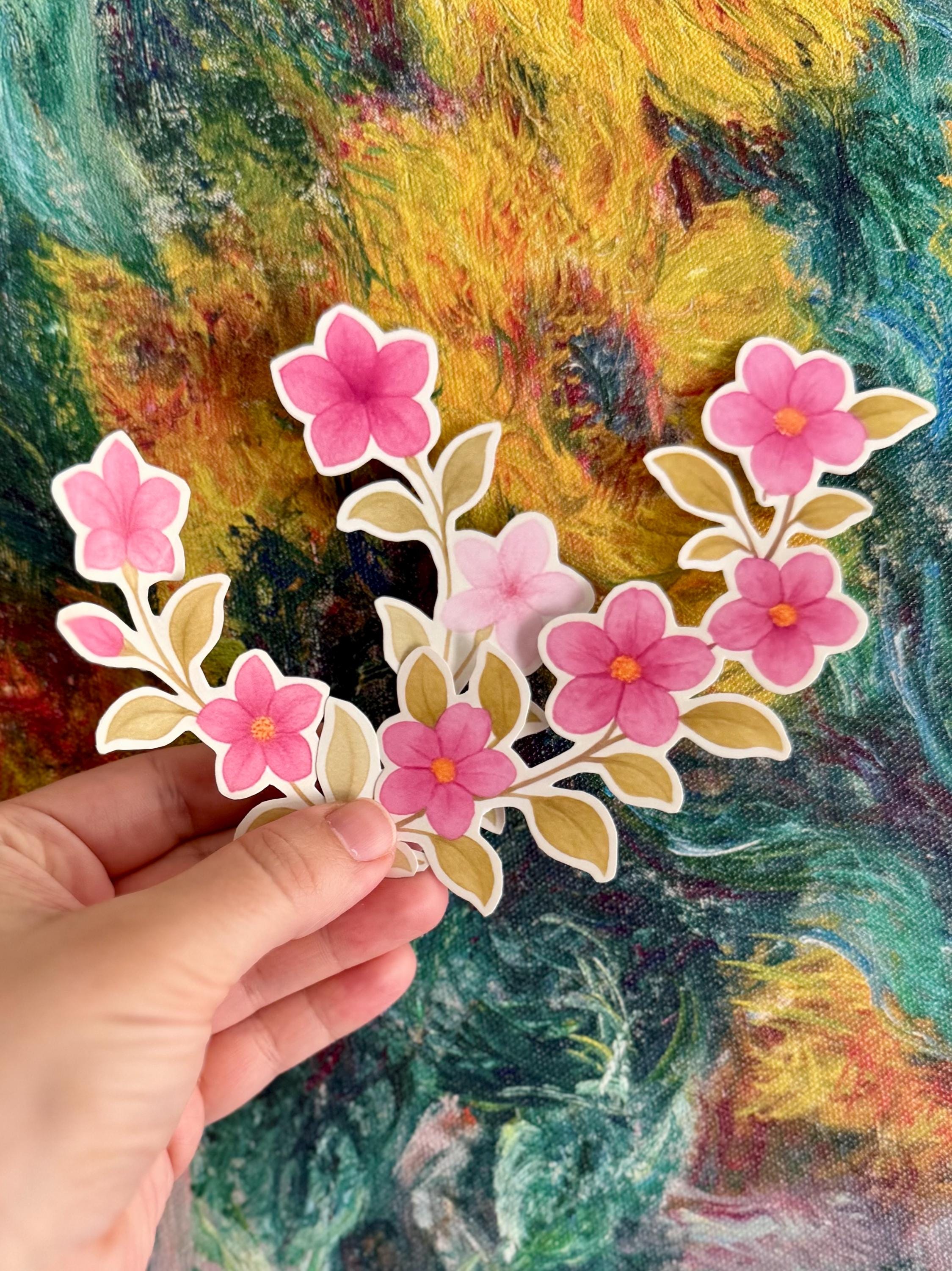 Watercolor Pink Flower Vine Stickers - 9 Piece Floral Set