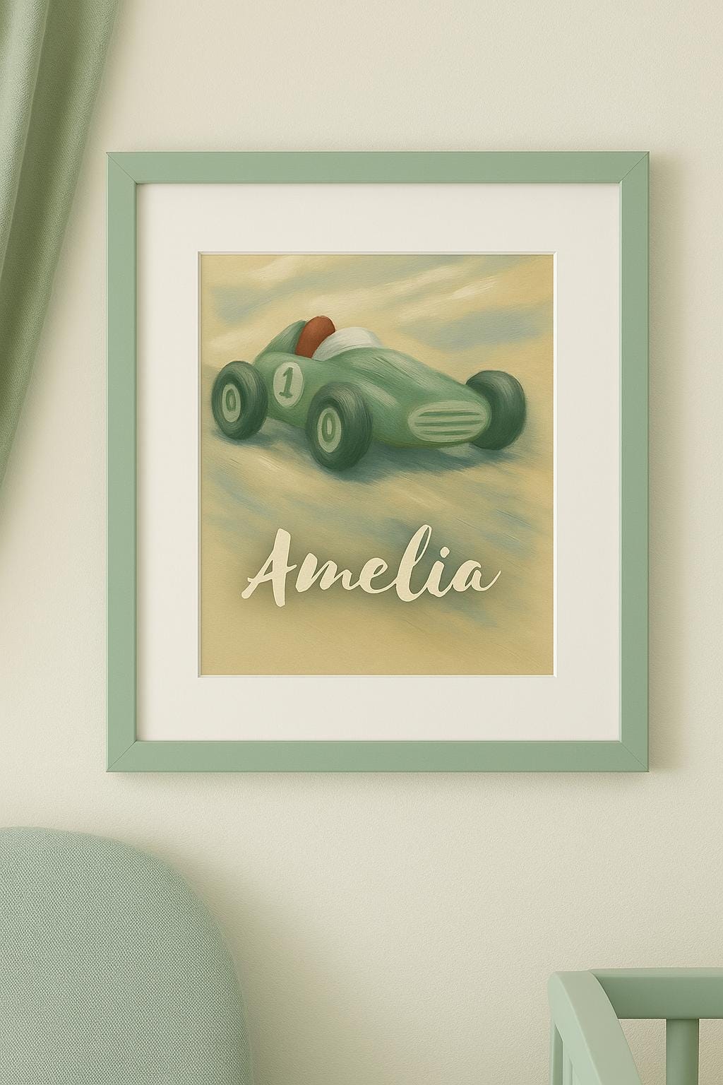 Personalized Vintage Race Car Nursery Art: Green Car, Custom Name, Framed