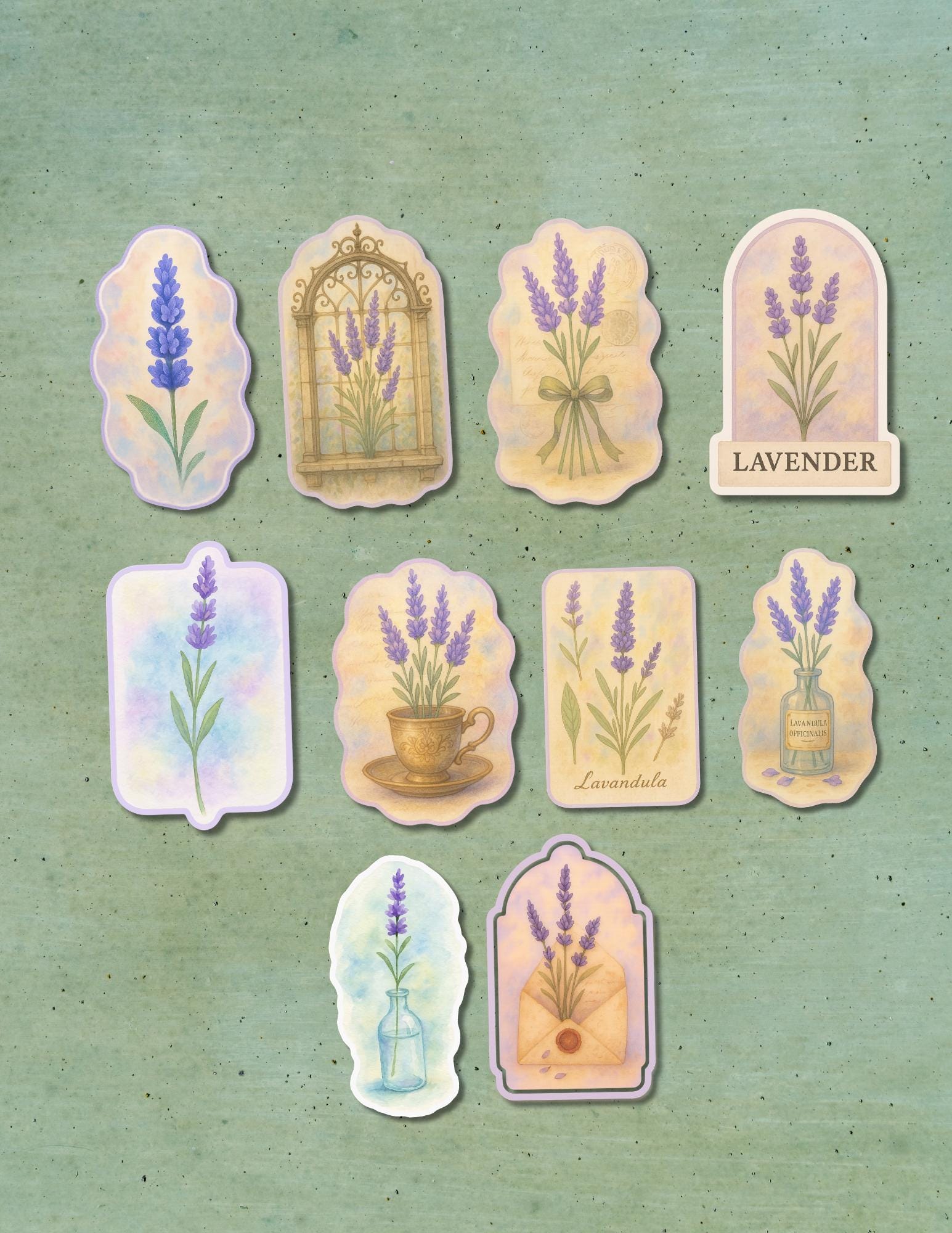 Watercolor Lavender Sticker Set: Vintage Floral Ephemera, 10 Piece