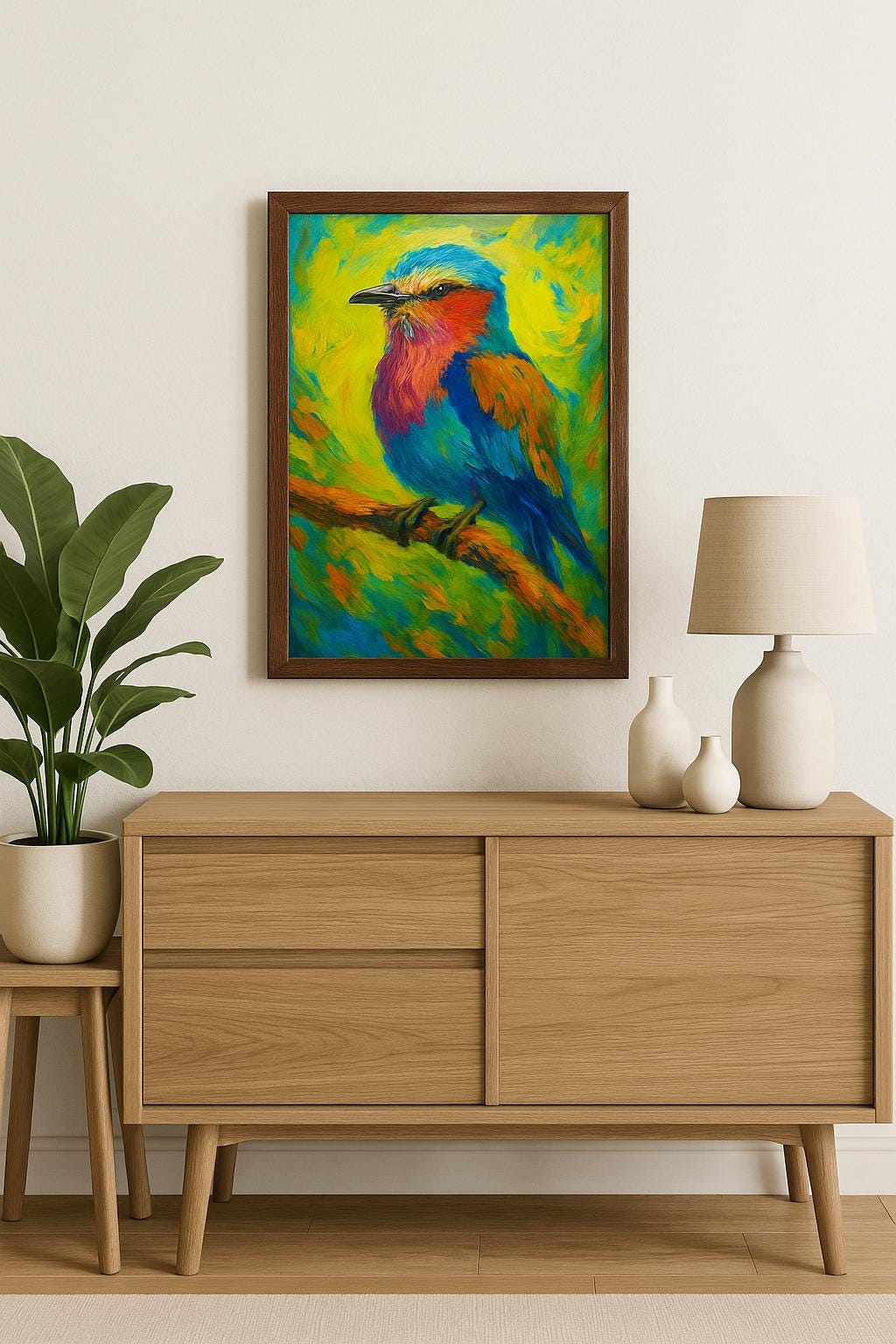 Lilac-Breasted Roller Bird Print: Rustic Brown Frame, Vibrant Wall Art