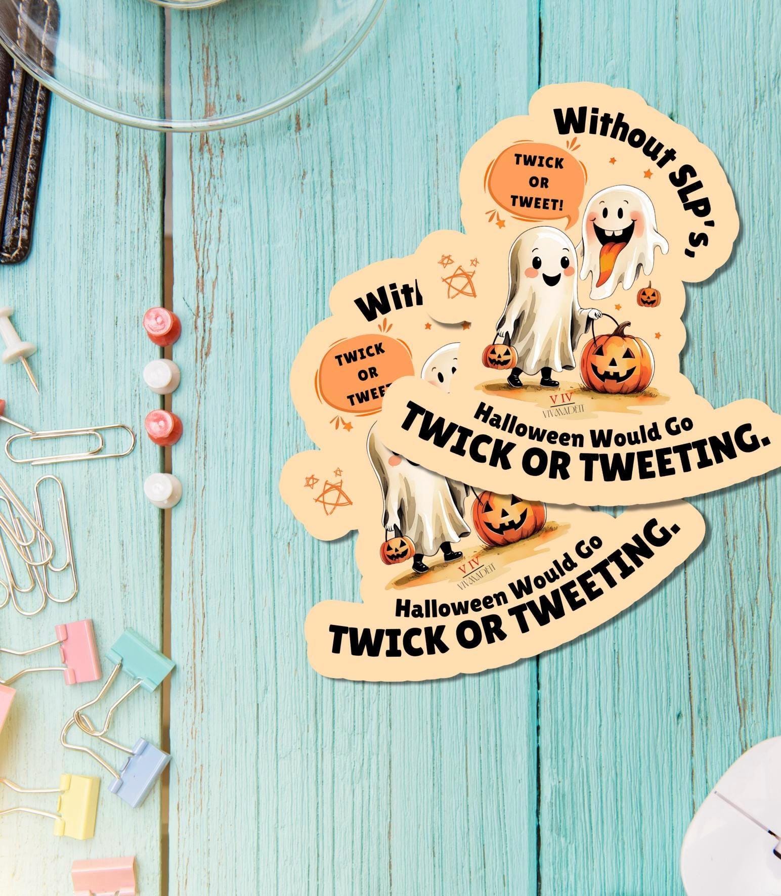 Funny SLP Halloween Sticker: "Twick or Tweeting" Ghost - Speech Therapist Gift