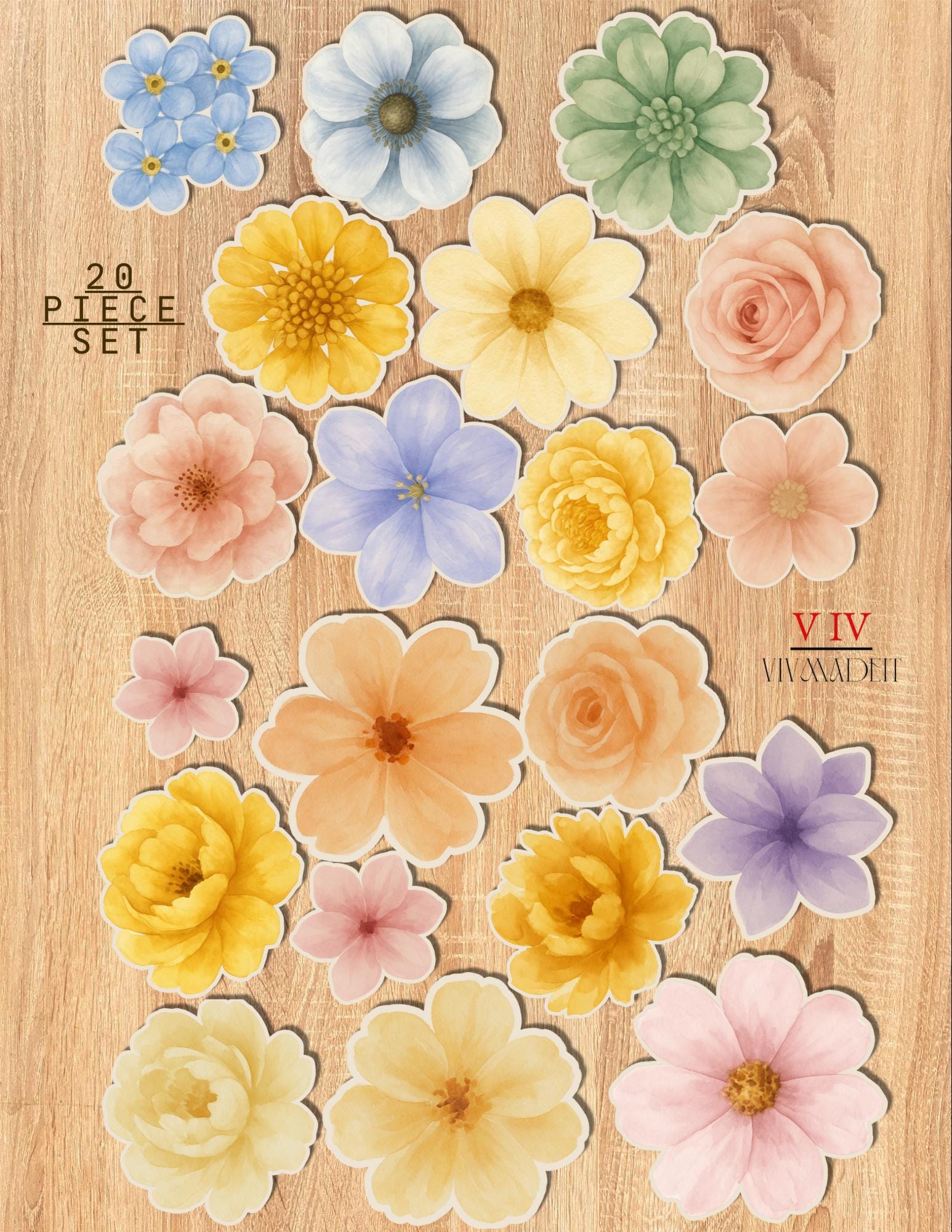 20-Piece Watercolor Flower Sticker Set – Pastel Botanical Florals for Journals, Scrapbooking, Wedding Decor, Nursery Art, Handmade Gift