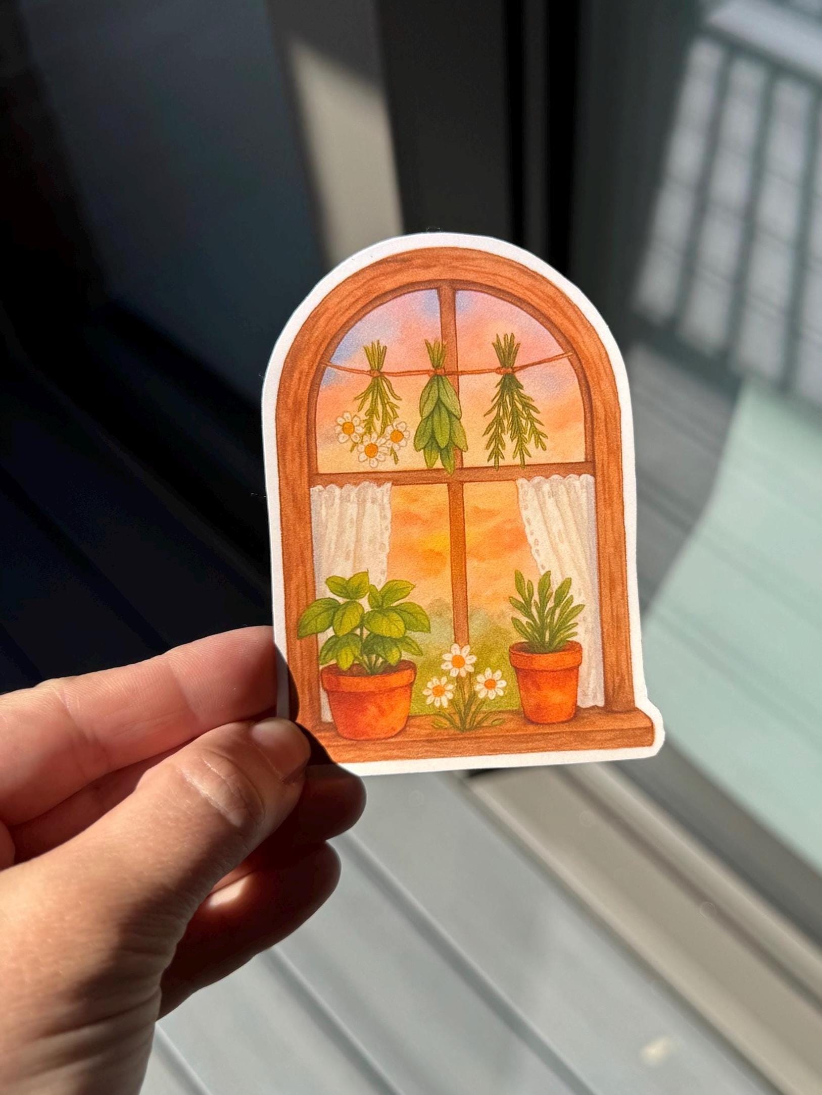 Cottage Window Sunset Sticker: Cozy Herb Garden, Watercolor Style