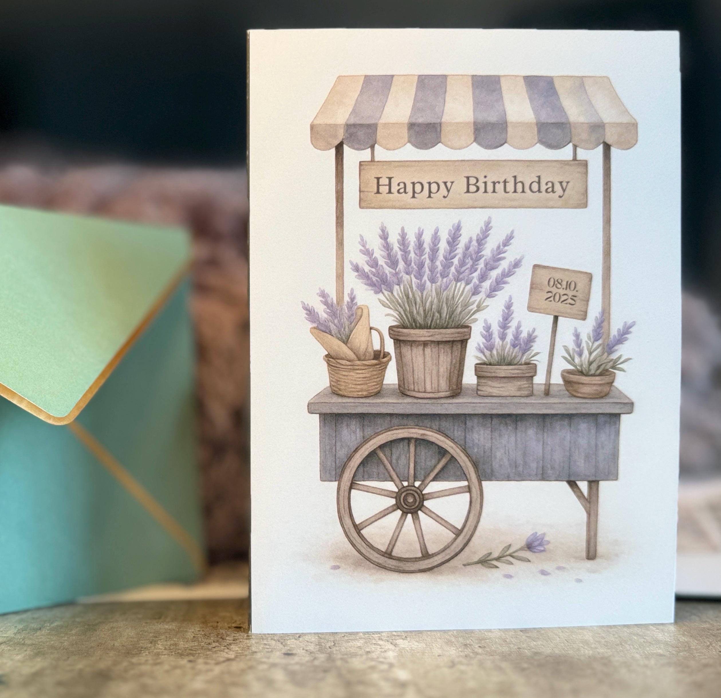 Personalized Lavender Flower Card: Custom Message, Green Envelope
