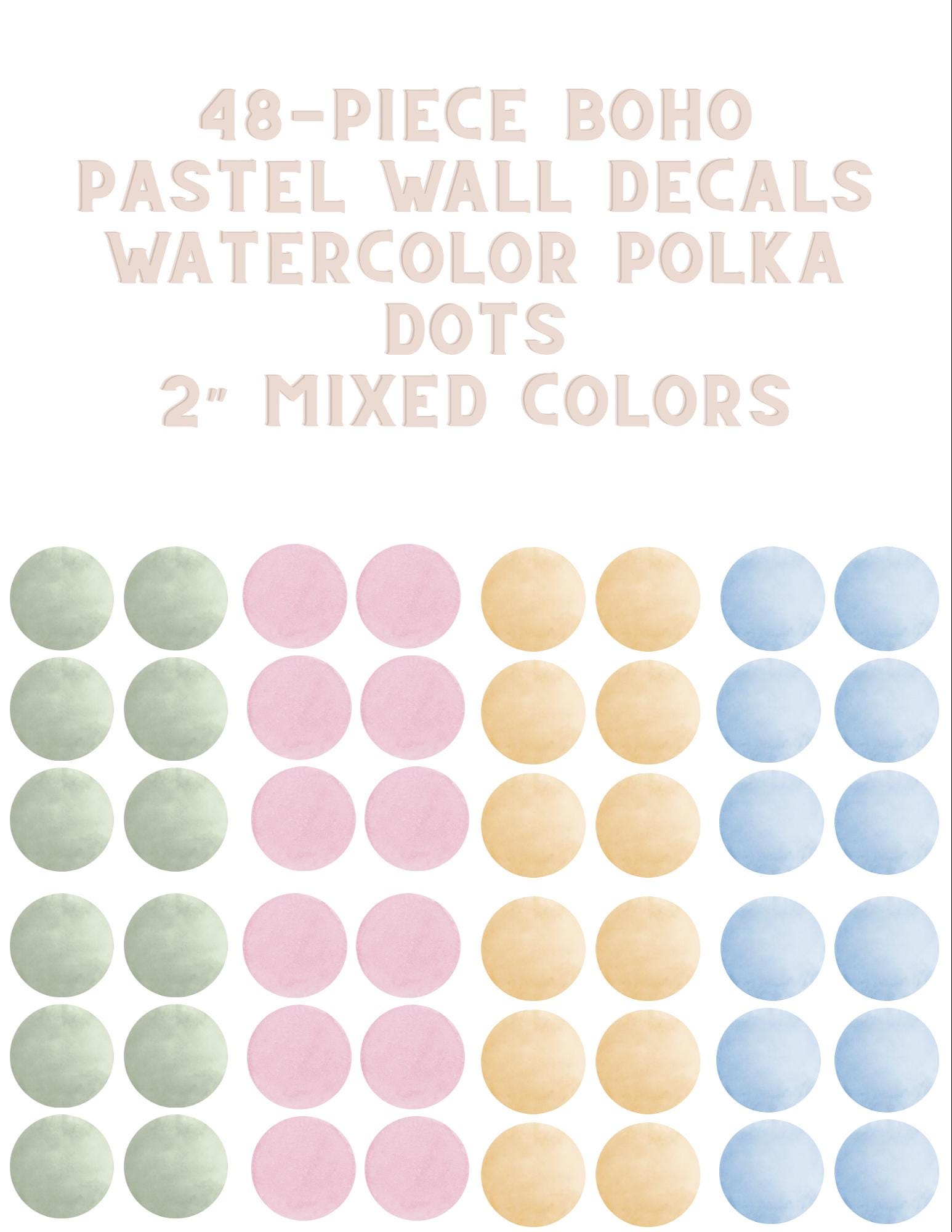 48-Piece Boho Pastel Wall Decals – 2” Watercolor Blue, Pink, Yellow, Green Polka Dot Stickers