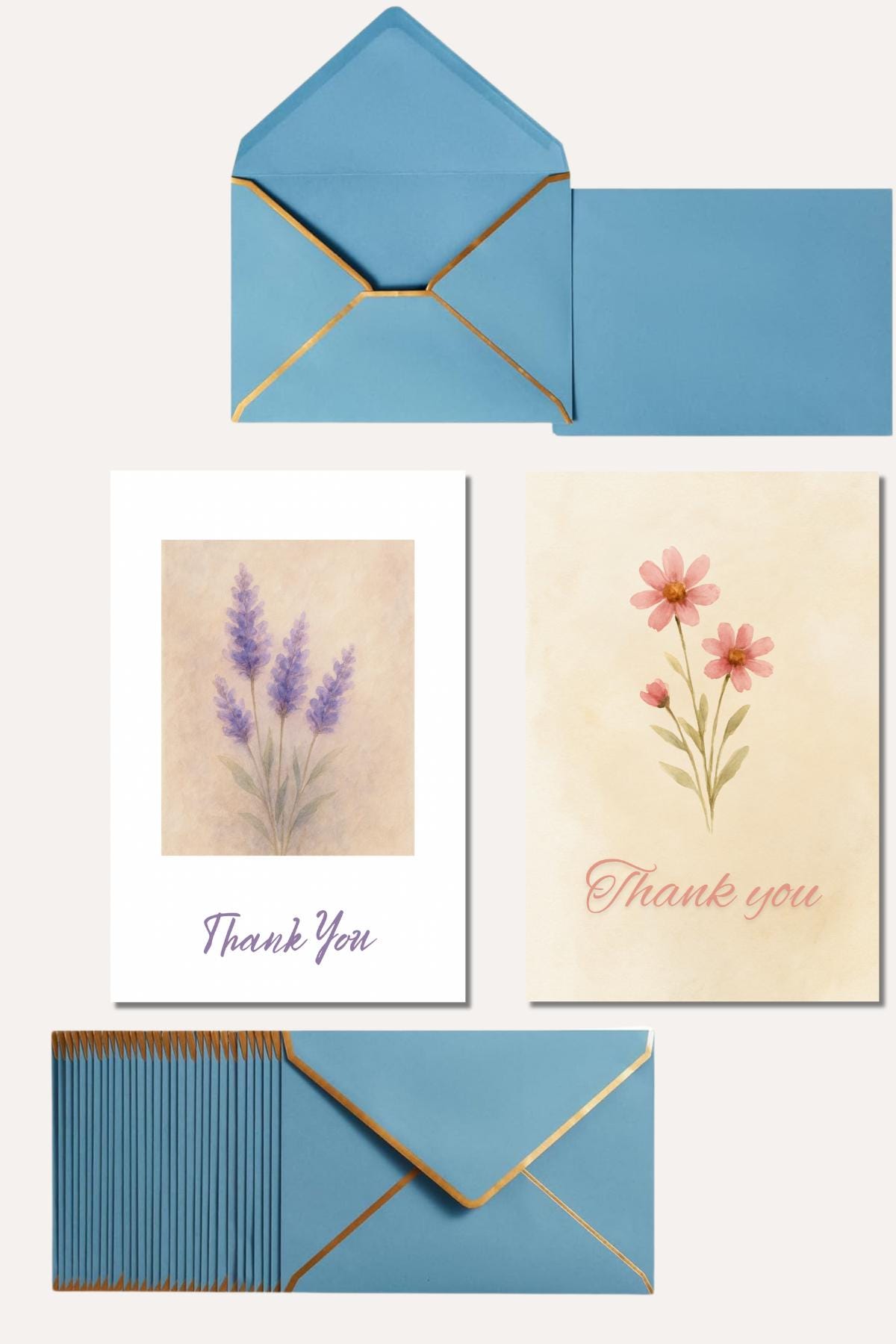 Floral Notecard Set: Watercolor Wildflowers, Thank You Cards with Envelope