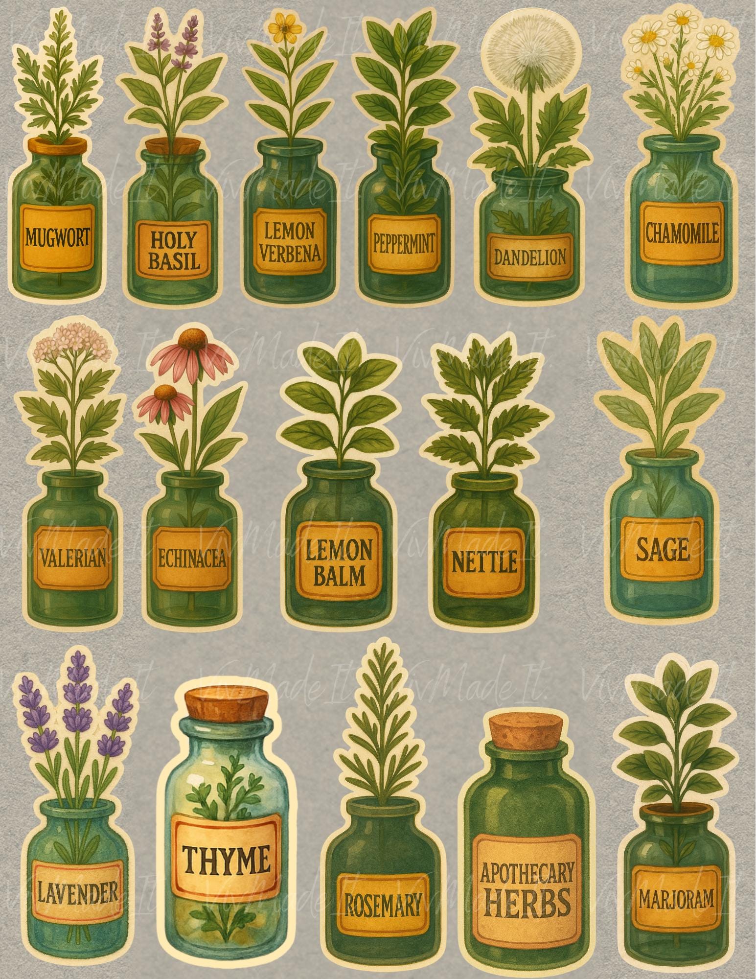 Vintage Apothecary Herb Stickers: Watercolor Botanical Set (16 Piece)