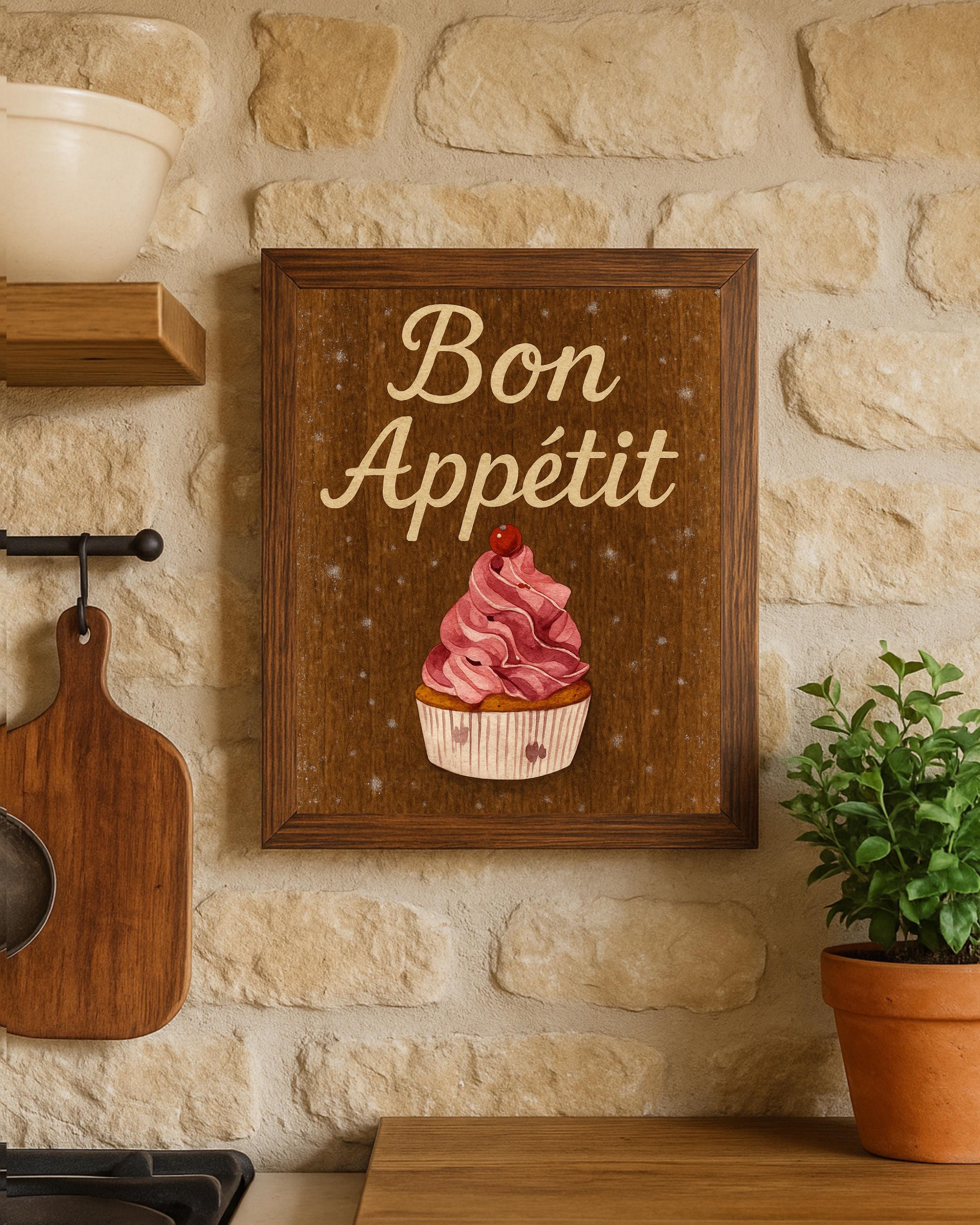 Bon Appétit Cupcake Wall Art – Framed 8x10” Rustic Wood Print – Bakery Kitchen Decor - Farmhouse Kitchen Decor