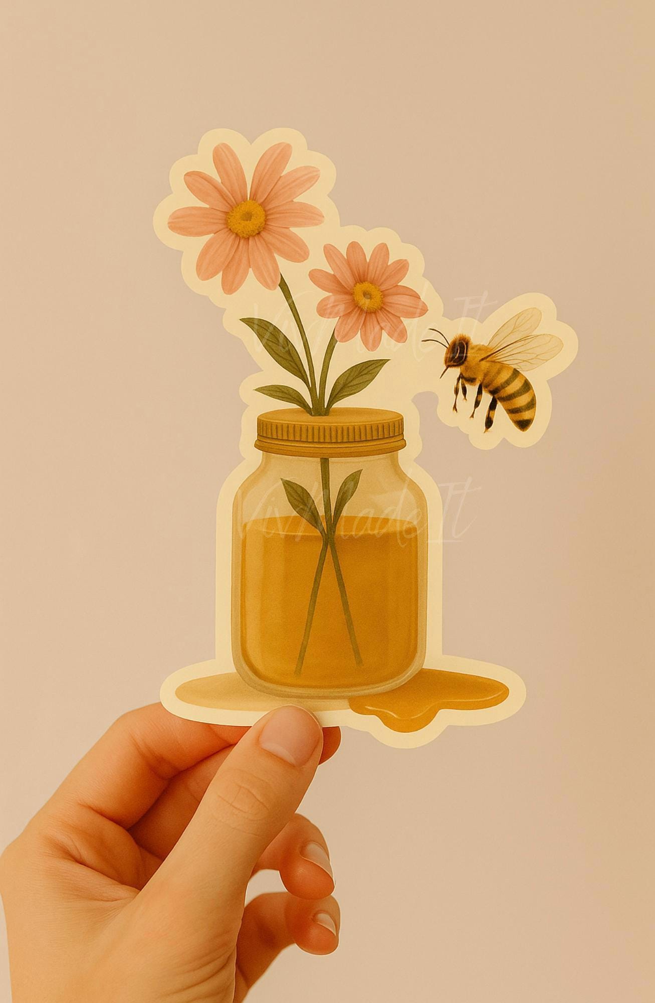 Honey Jar Bee & Daisy Sticker: Cottagecore Floral, Waterproof Vinyl