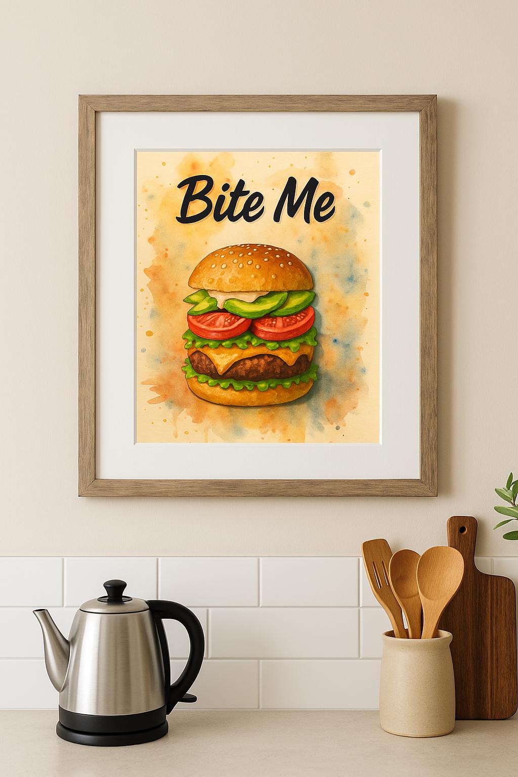 Bite Me Gourmet Burger Kitchen Wall Art – 11x14 Frame with 8x10 Print with Mat, Watercolor Cheeseburger Illustration on Matte Fine Art Paper