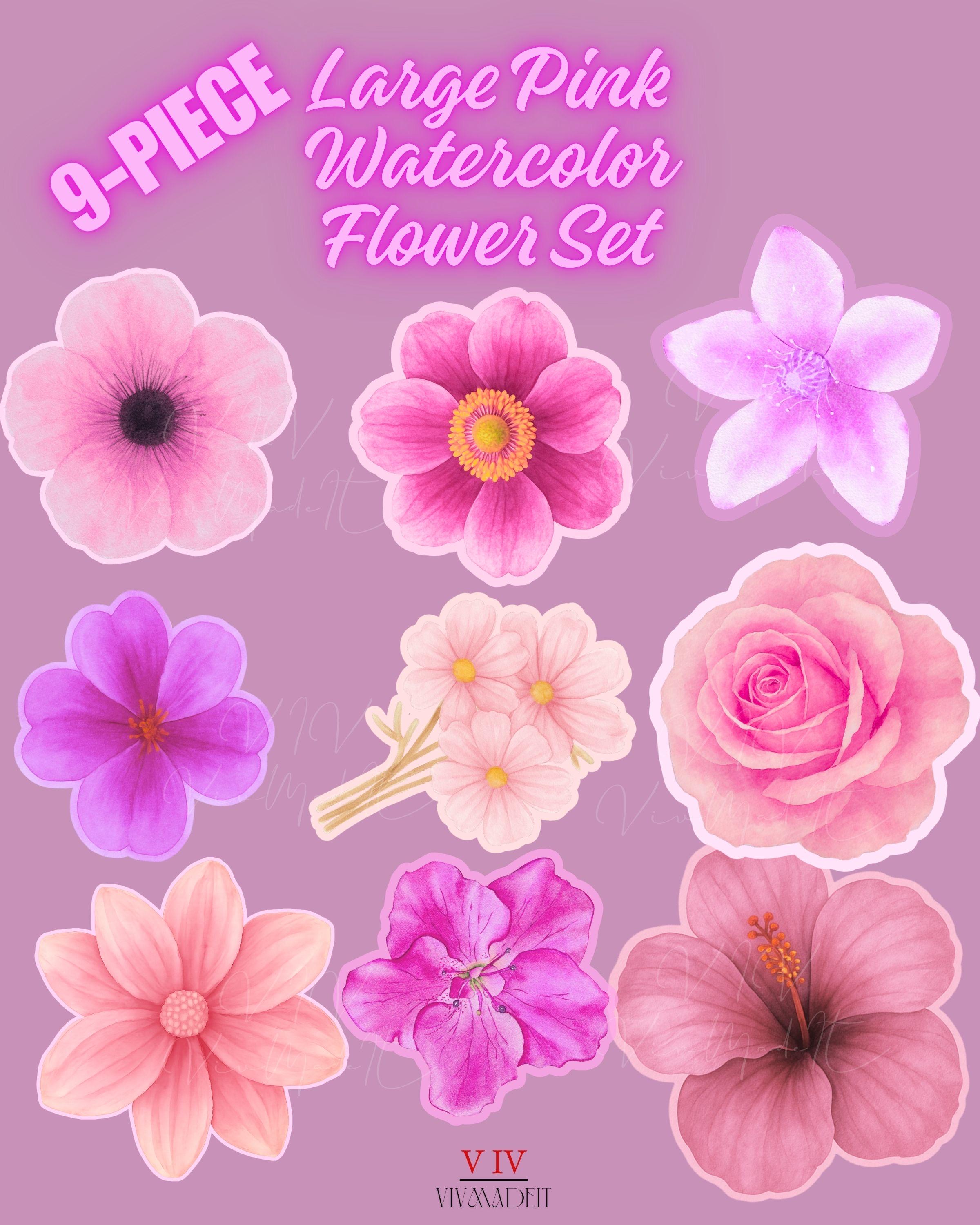 Pink Watercolor Flower Stickers Set – Floral Sticker 9-Pack – Bright Floral Vinyl Stickers for Journals, Laptops, Planners, Walls in Pink