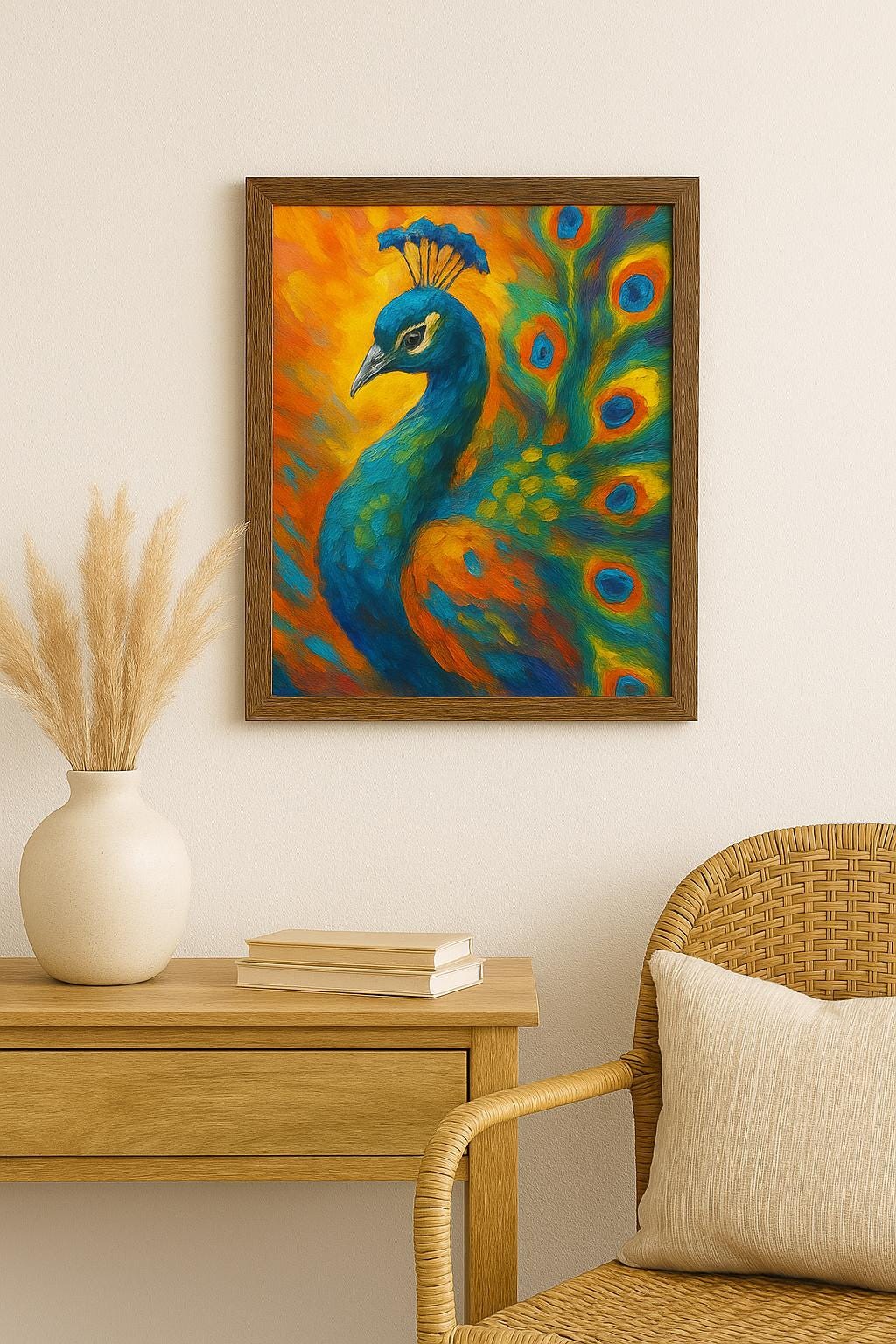 Peacock Art Print: Vibrant Boho Wall Decor in Rustic Brown Frame
