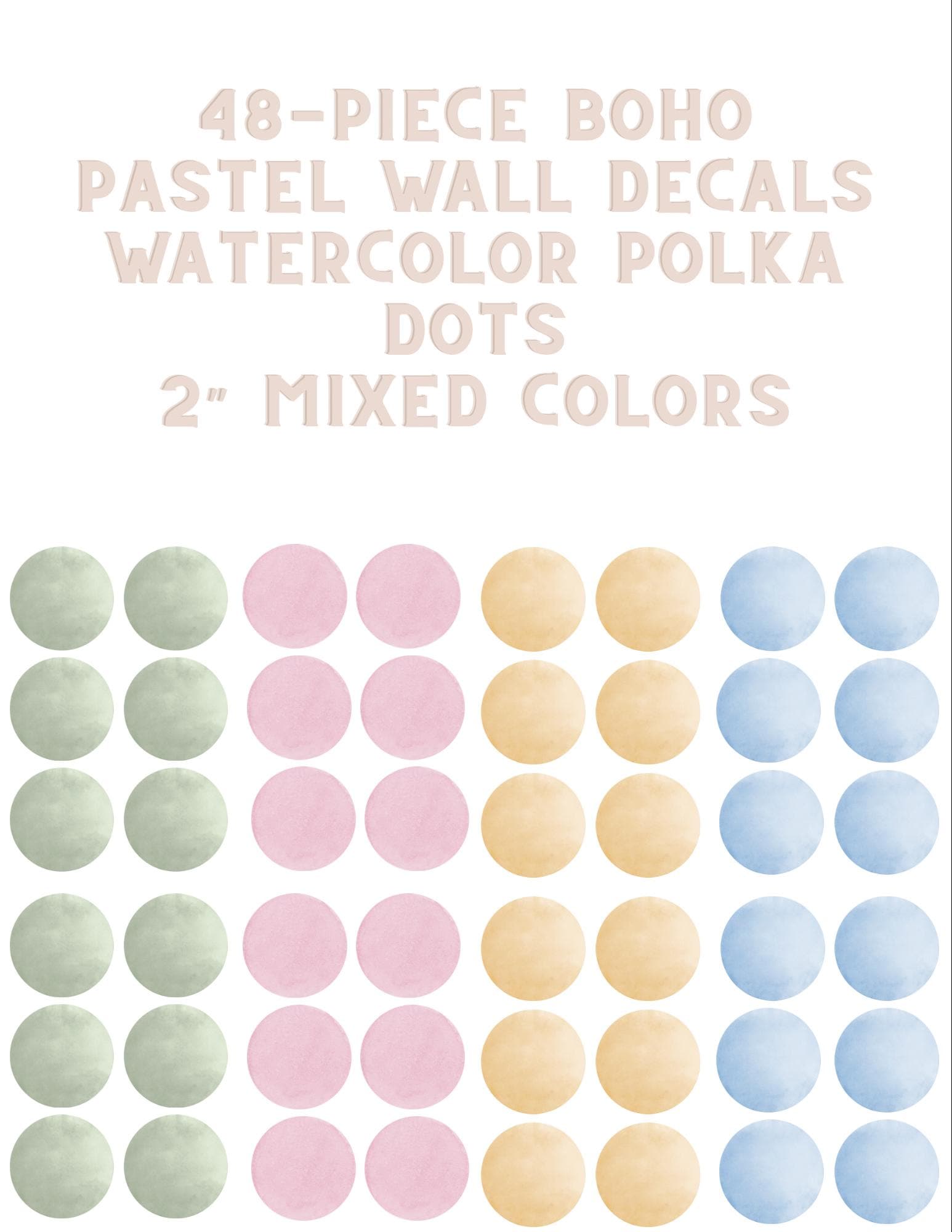 48-Piece Boho Pastel Wall Decals – 2” Watercolor Polka Dot Stickers – Nursery or Playroom Wall Decor – Dusty Blue, Pink, Honey Mustard, Blue