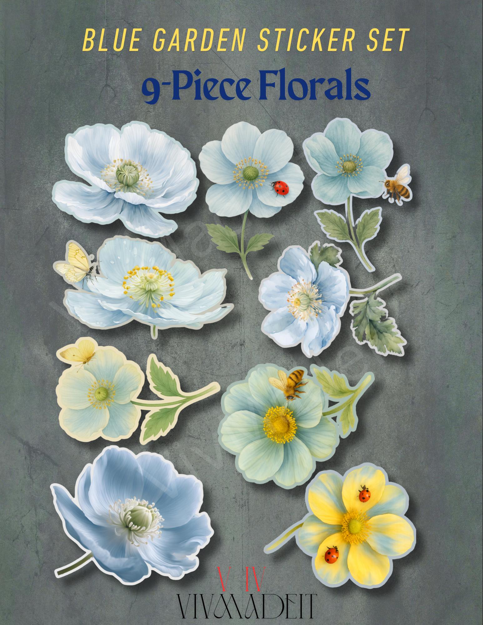 Waterproof Blue Flower Sticker Set of 9 Beautiful Watercolor Blue Floral Stickers For Gifts, Birthdays, Journals, Cars, water bottles.
