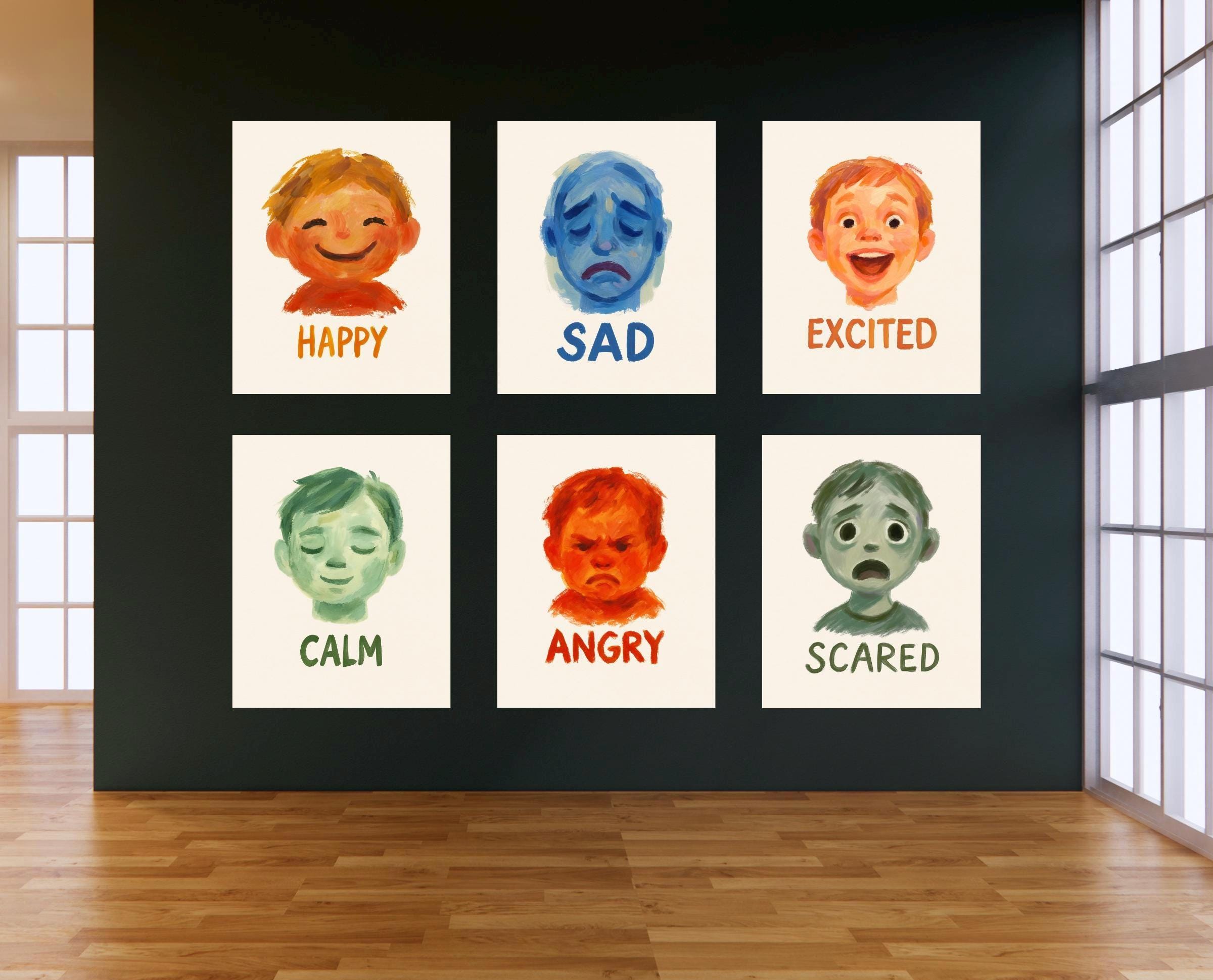 6 Emotion Posters for Kids | Abstract Expressionist Feelings Chart | Therapy & Classroom Wall Art 8x10
