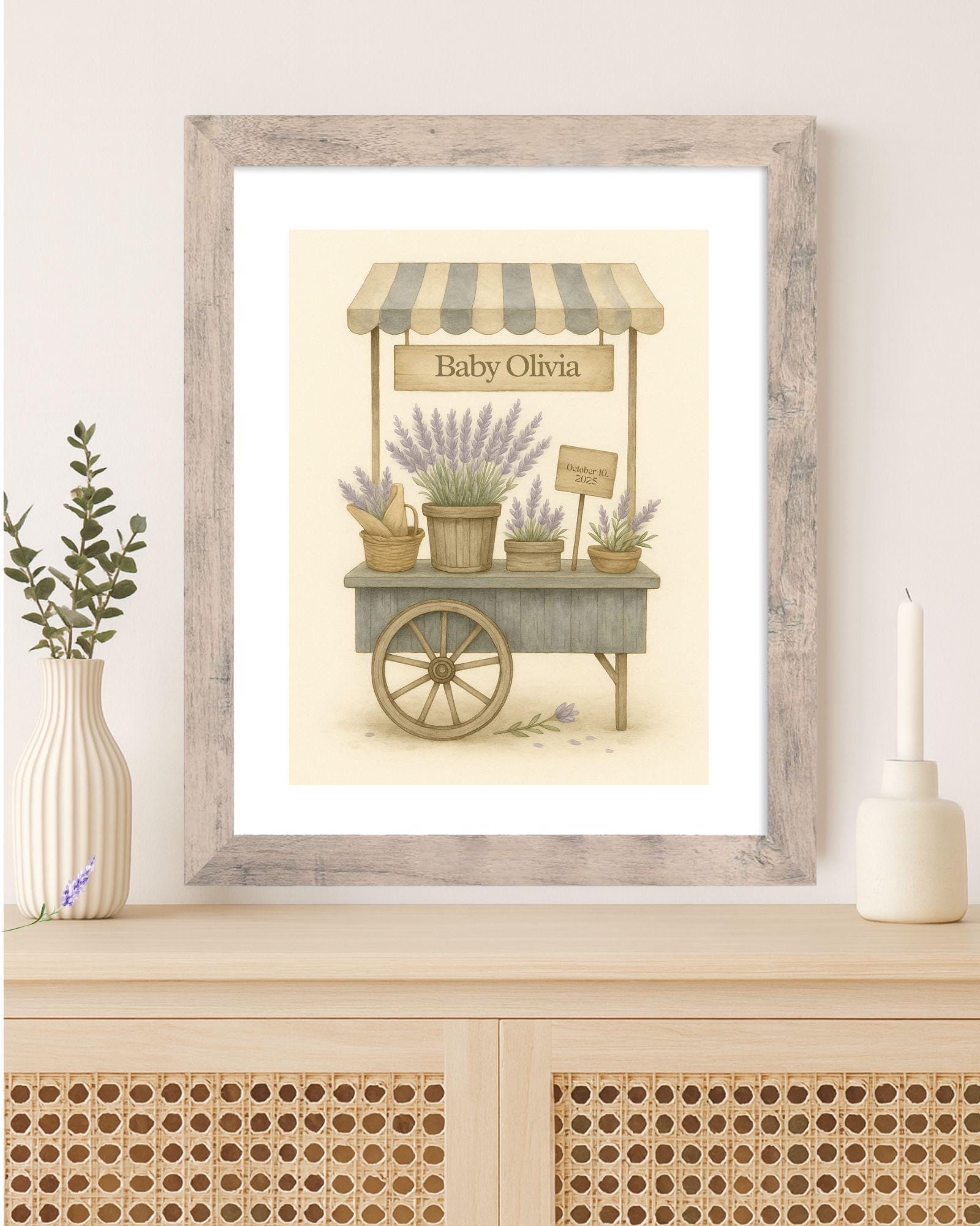 Personalized Lavender Art Print – Custom Family Name or Baby Name Wall Art – Rustic Nursery or Wedding Gift – Flower Market Home Decor 8x10