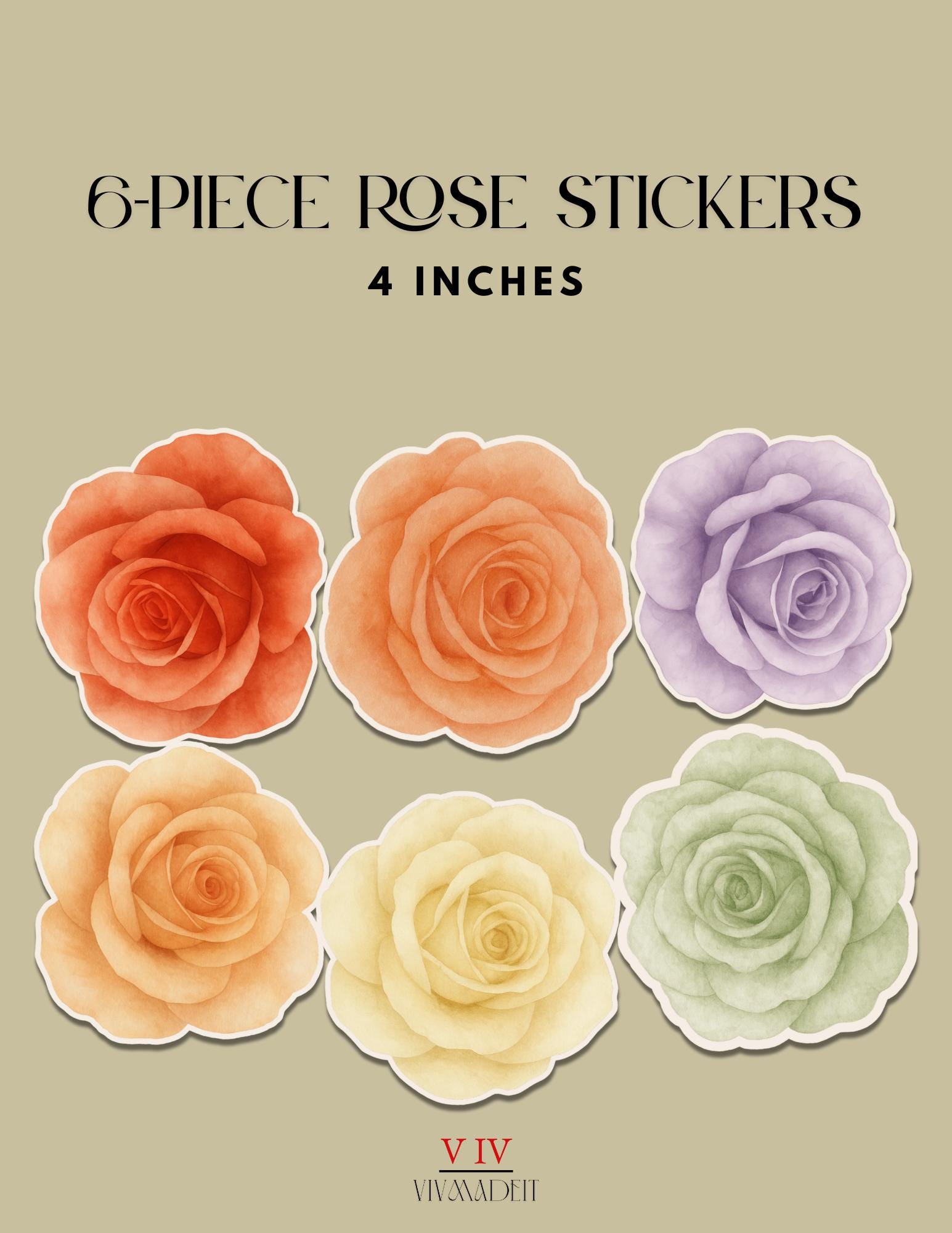 Rose Sticker Set – 6 4” Watercolor Floral Stickers