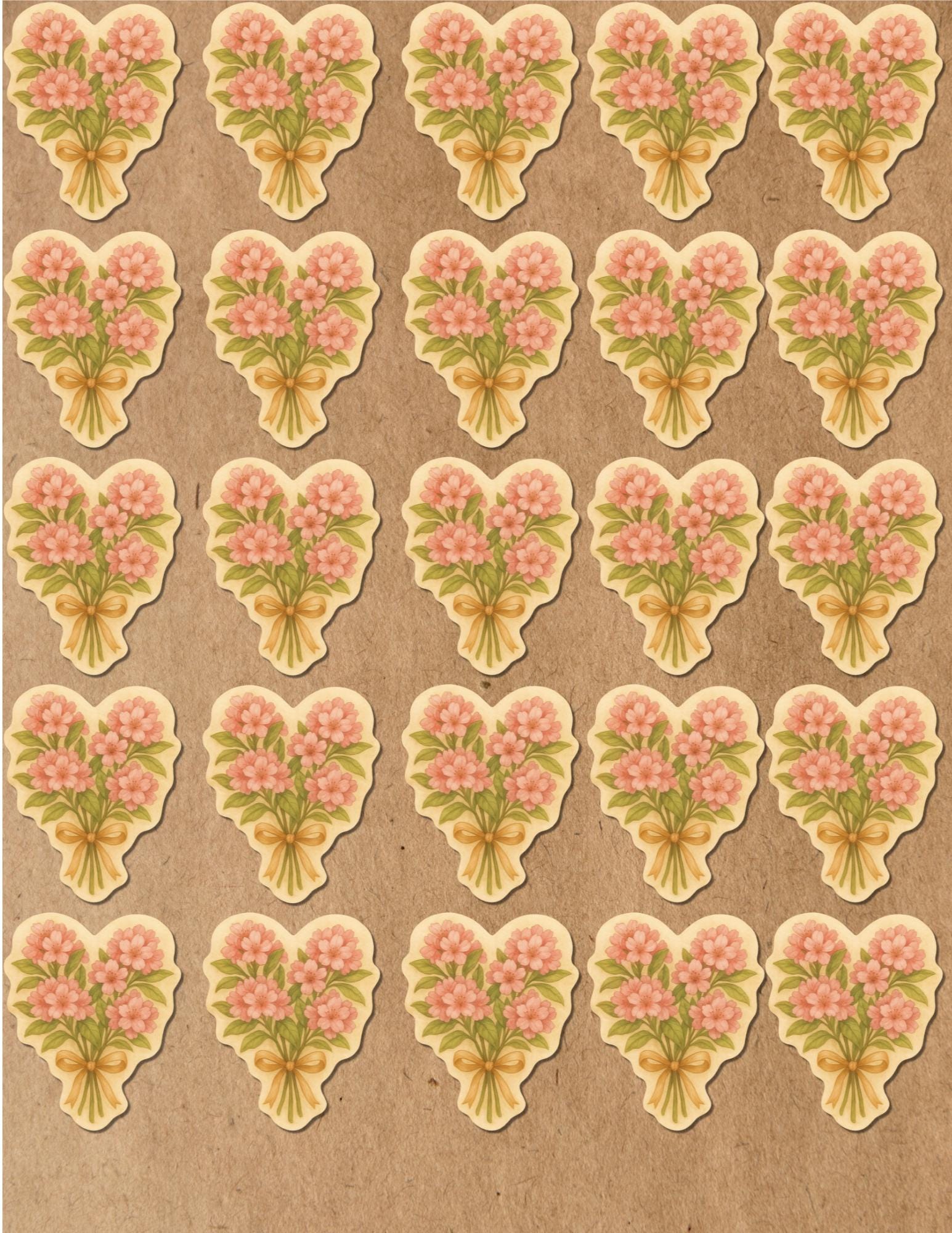 Heart Flower Stickers: Blush Pink Bouquet, Wedding Envelope Seals - Set of 25